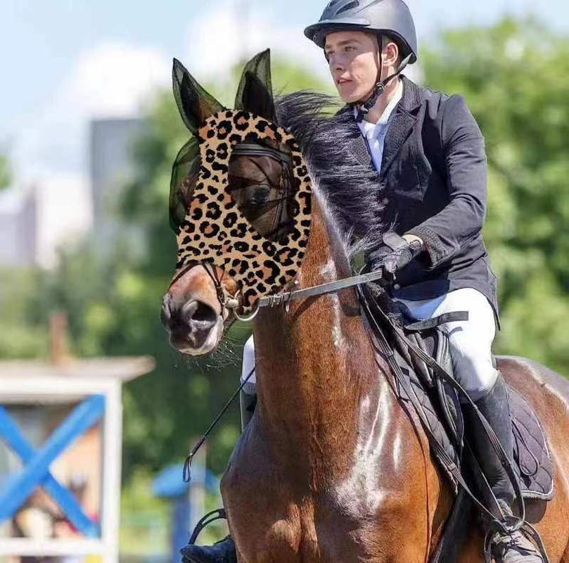 Stretchy Horse Fly Mask with Ears Comfort Fit Mesh Trail Pasture Sun UV Protection (Leopard Print, One Size) image number 3
