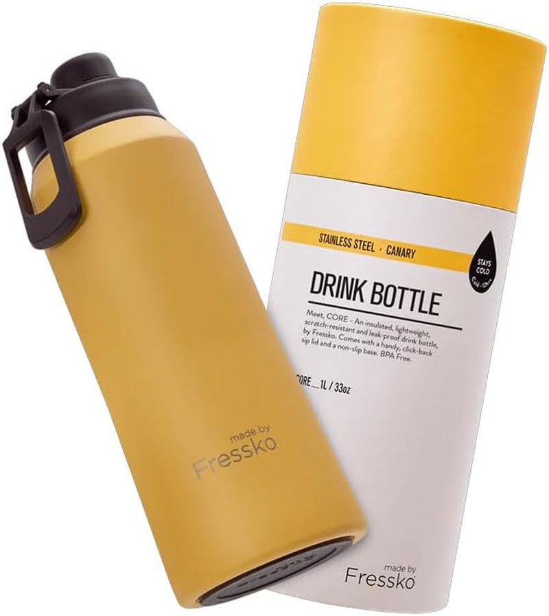 Made by Fressko | Core Wide Mouth Insulated Stainless Steel Water Bottle-Canary | with Sip Lid | 34Oz 1L |Bpa-Free | Leak Proof Lid
