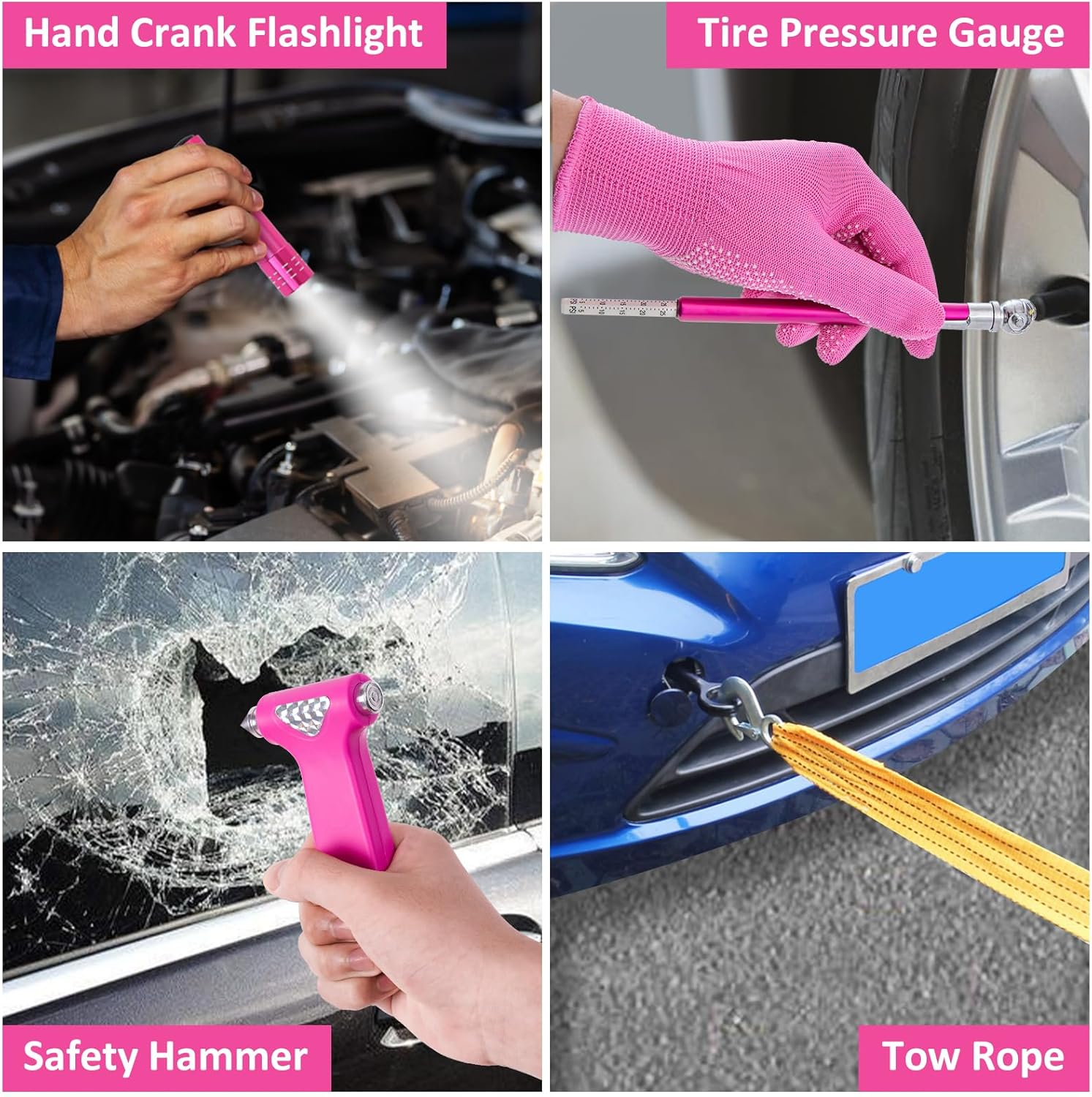 HLWDFLZ Car Roadside Emergency Kit - Pink Assistance with Jumper Cables, Auto Repair Tool Set, Deer Whistles, Winter Safety Assist for Teen Girl and Ladies