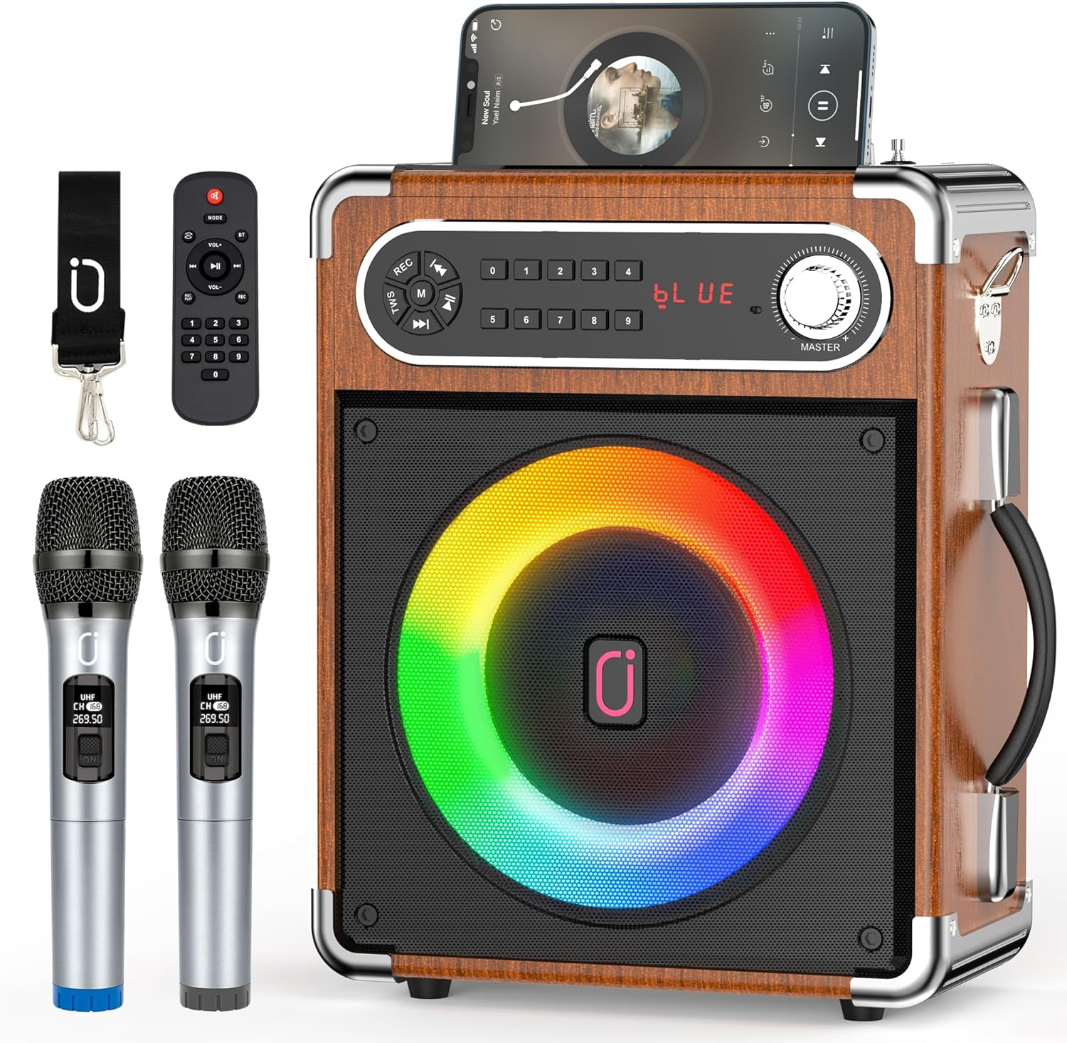 JYX Karaoke Machine with Two Wireless Microphones, Portable Bluetooth Speaker with Bass/Treble Adjustment, PA System with Remote Control, LED Lights,Supports TF Card/Usb, AUX IN, FM, REC,TWS for Party