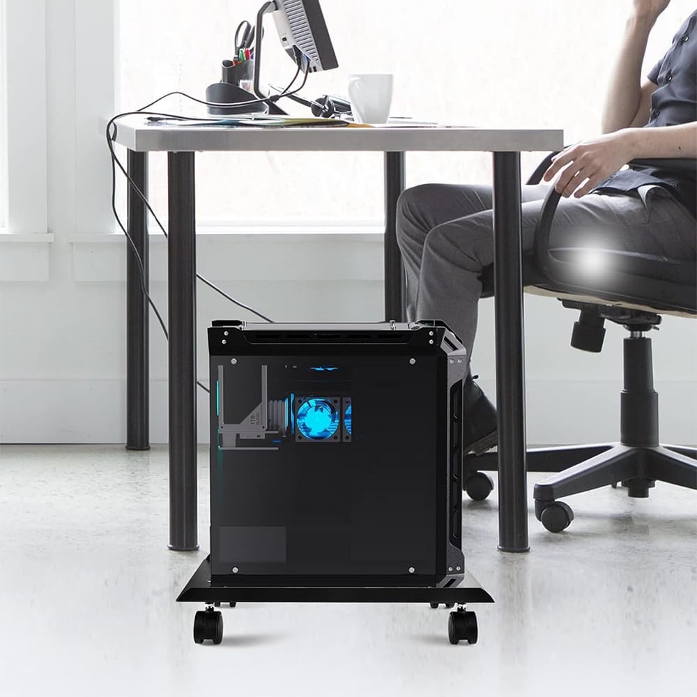 Computer Tower Heavy-Duty CPU Stand Cart with Four Wheels Rolling Monitor Support Mobile PC Holder Desk Accessories (White) - Black image number 4