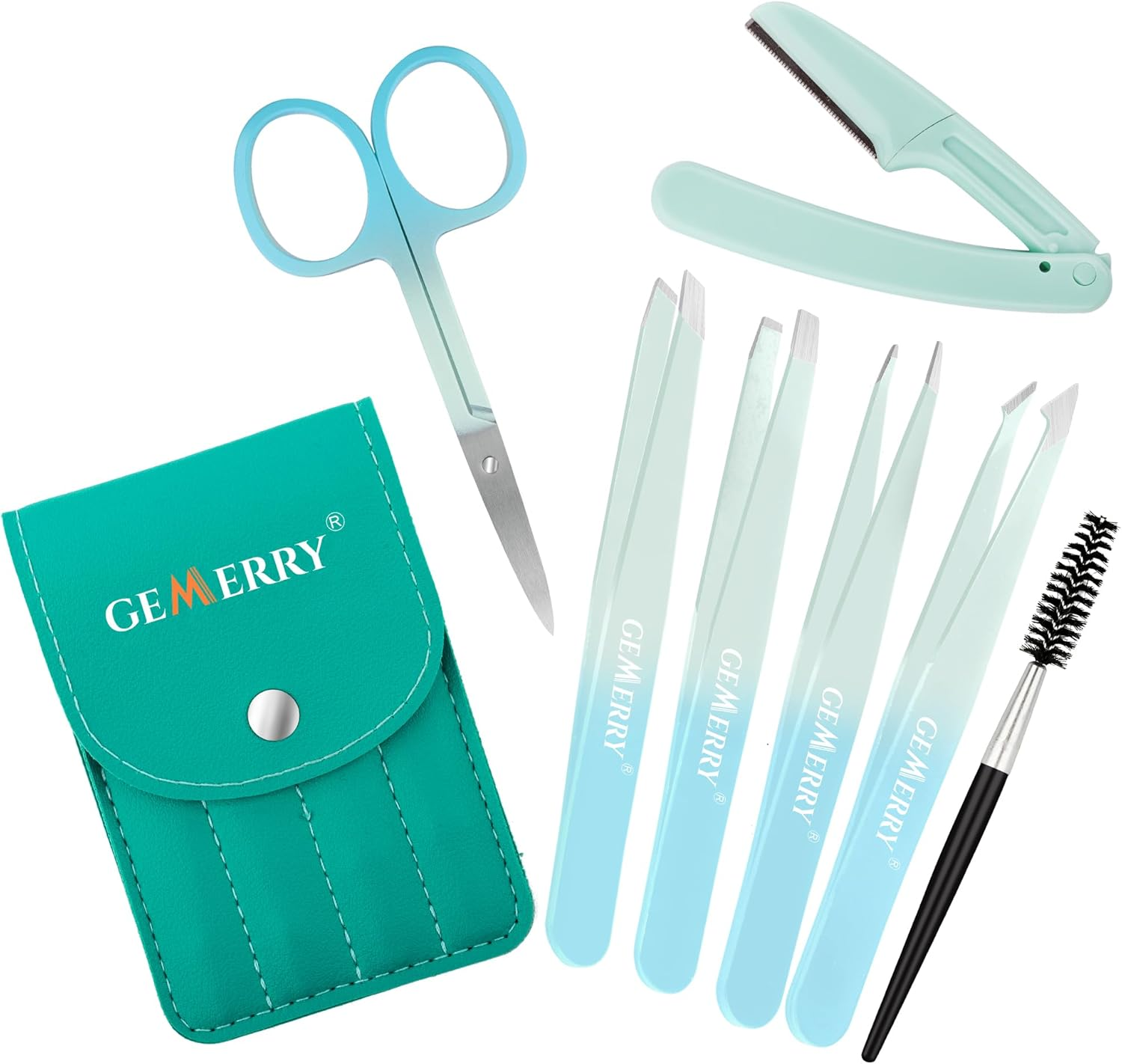 GEMERRY Tweezers Set 7Pcs for Facial Hair Women - Precision Tweezers Set with Travel Case - Stainless Steel Tweezers for Eyebrows with Scissors, Razor for Ingrown Hair (Blue) image number 2