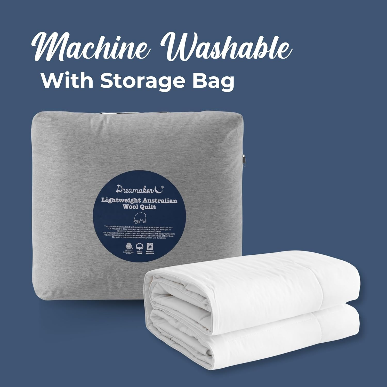 Dreamaker Lightweight Washable Australian Wool Quilt Breathable Cotton Cover 250GSM Natural Fill Temperature Regulating Summer Weight Duvet, Purafresh Treated for Anti-Bacterial Protection Super King image number 6