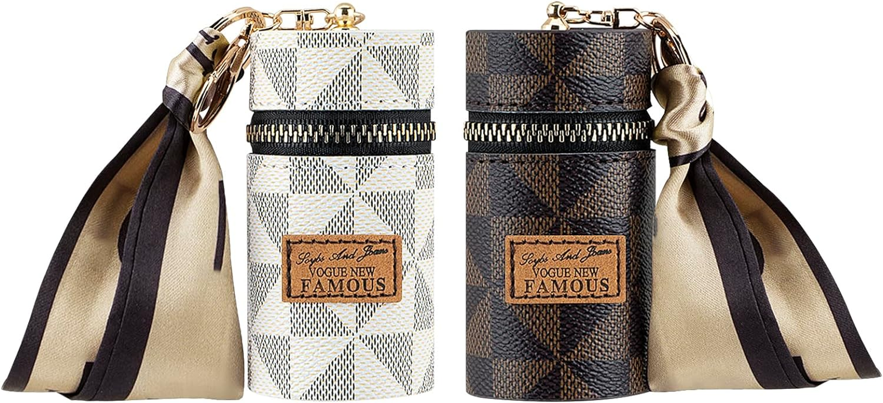 Adorila 2 Pack Lipstick Organizer, Leather Lip Gloss Bag with Keychain, Portable Mini Lipstick Case for Purse, Brown+Pink