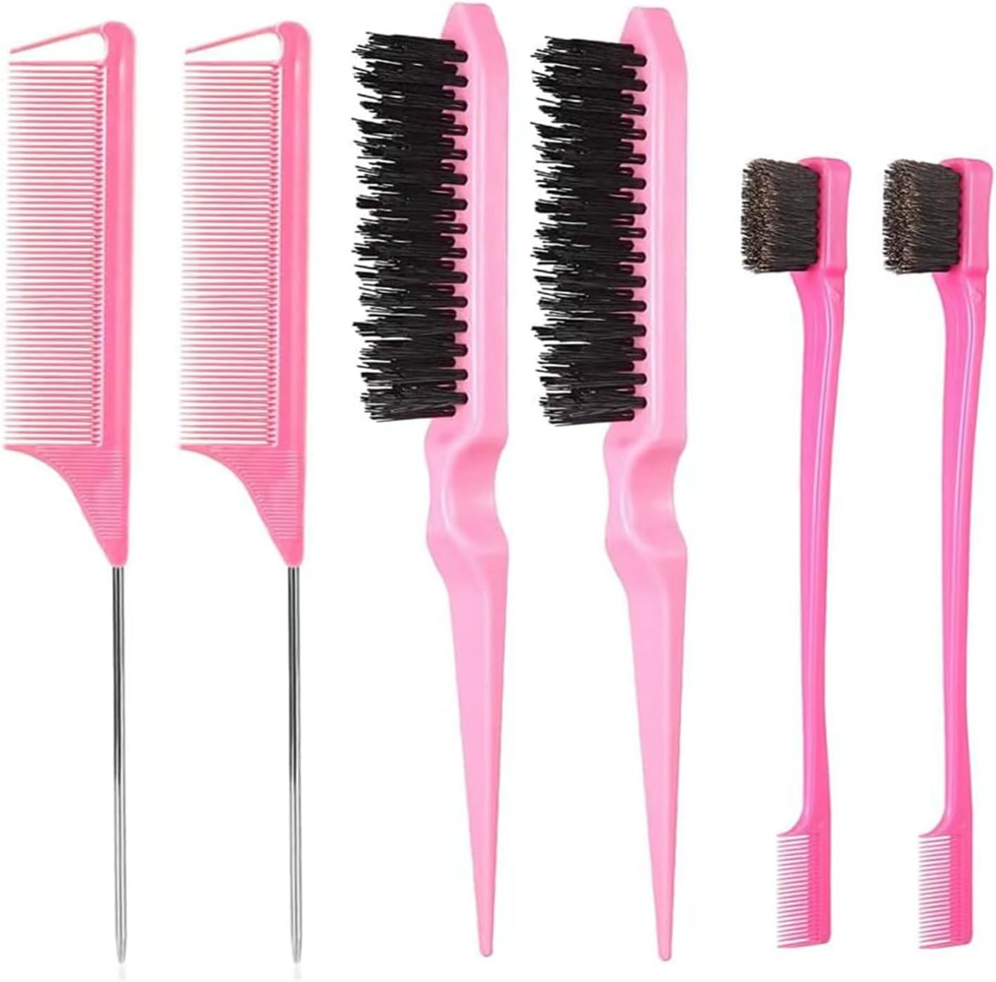 SYTHAK 6Pcs Hair Brush Styling Combs Set,Slick Bristle Hair Brush, Metal Pin Rat Tail Comb and Double Sides Edge Brush for Edge & Back Brushing, Women Girls Men Combing, Smoothing and Styling Hair. BLACK