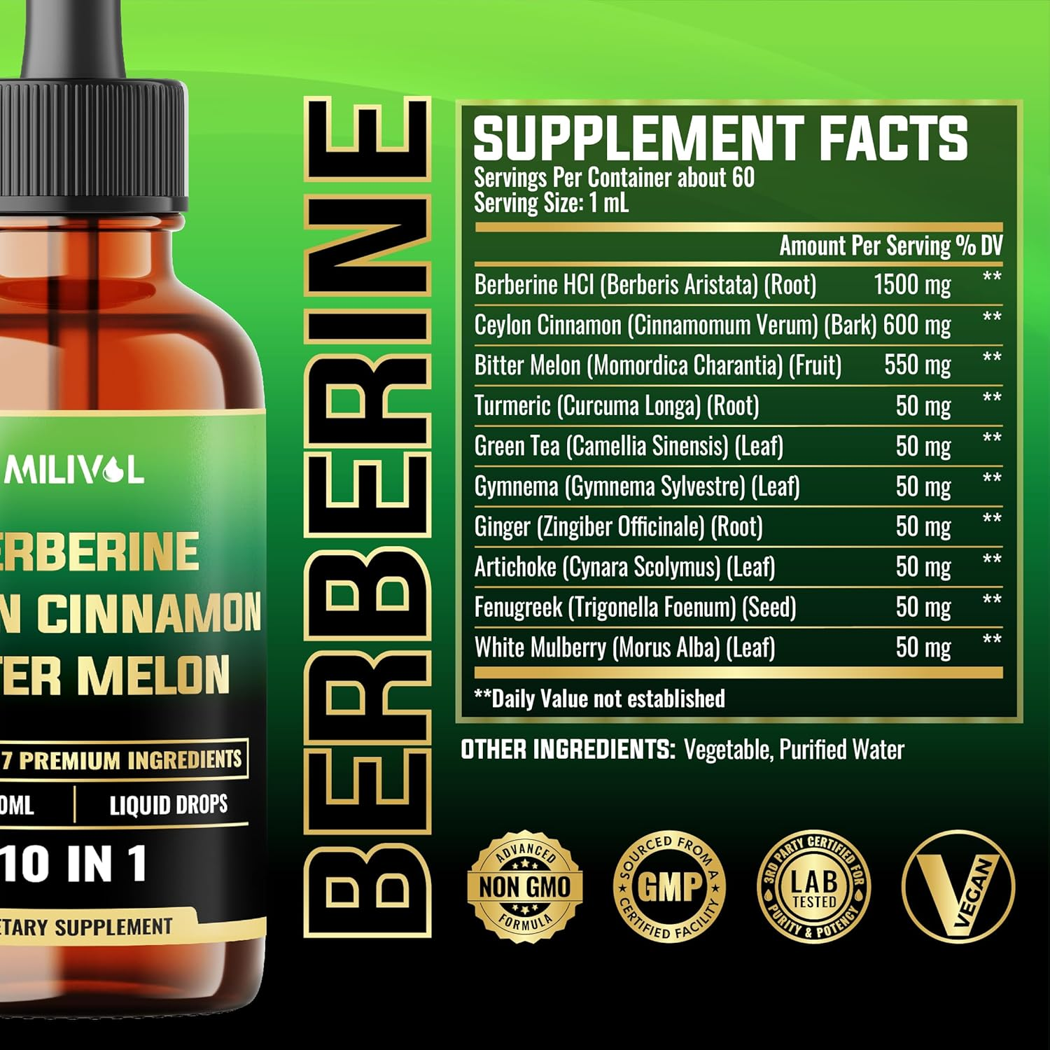MILIVOL 10In1 Berberine Liquid Drops with Ceylon Cinnamon, Bitter Melon, Turmeric, Ginger, Gymnema, Sylvestre and More - 60 Days Supply - 2FL Oz image number 1