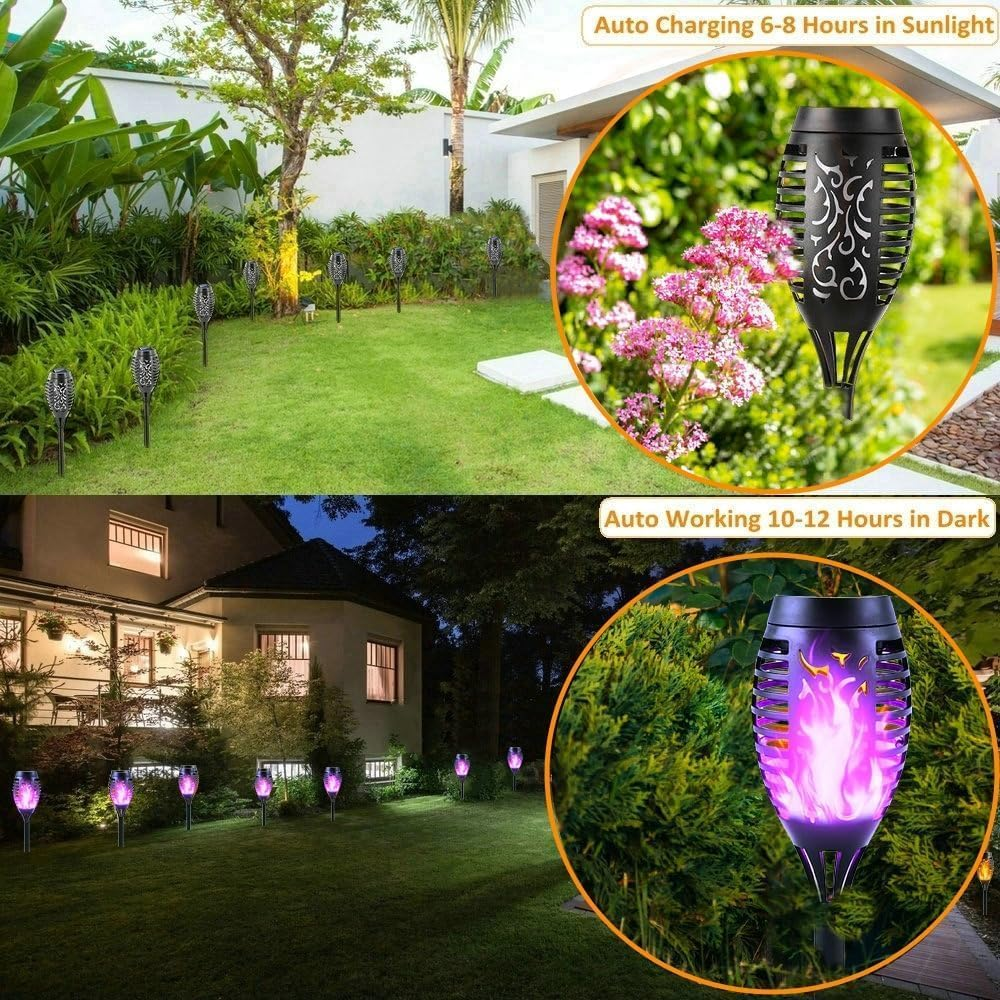 Solar Lights Outdoor Garden, 12 Pack Solar Flame Lights LED Warm Flickering Flames Waterproof Solar Torch Lights Garden Ornaments Landscape Lighting Auto On/Off for Pathway Yard Decoration(Purple) image number 7