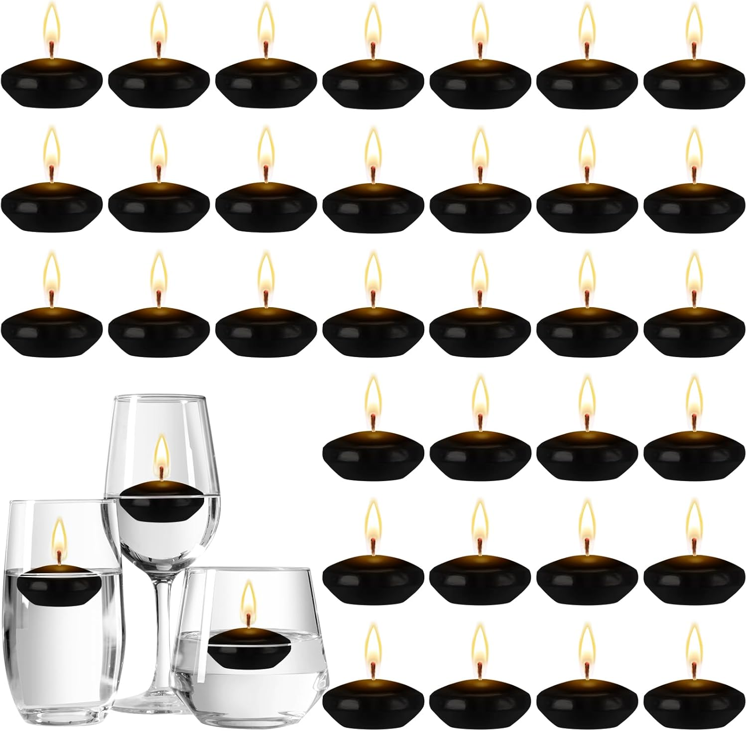 Nuanchu 30 Pcs Black Floating Candles Centerpieces Bulk 1.5 Inch Small Unscented Votive Floating Candles Decoration for Valentine'S Day Party Wedding Anniversary Holiday Party Gifts Home Pool Decor
