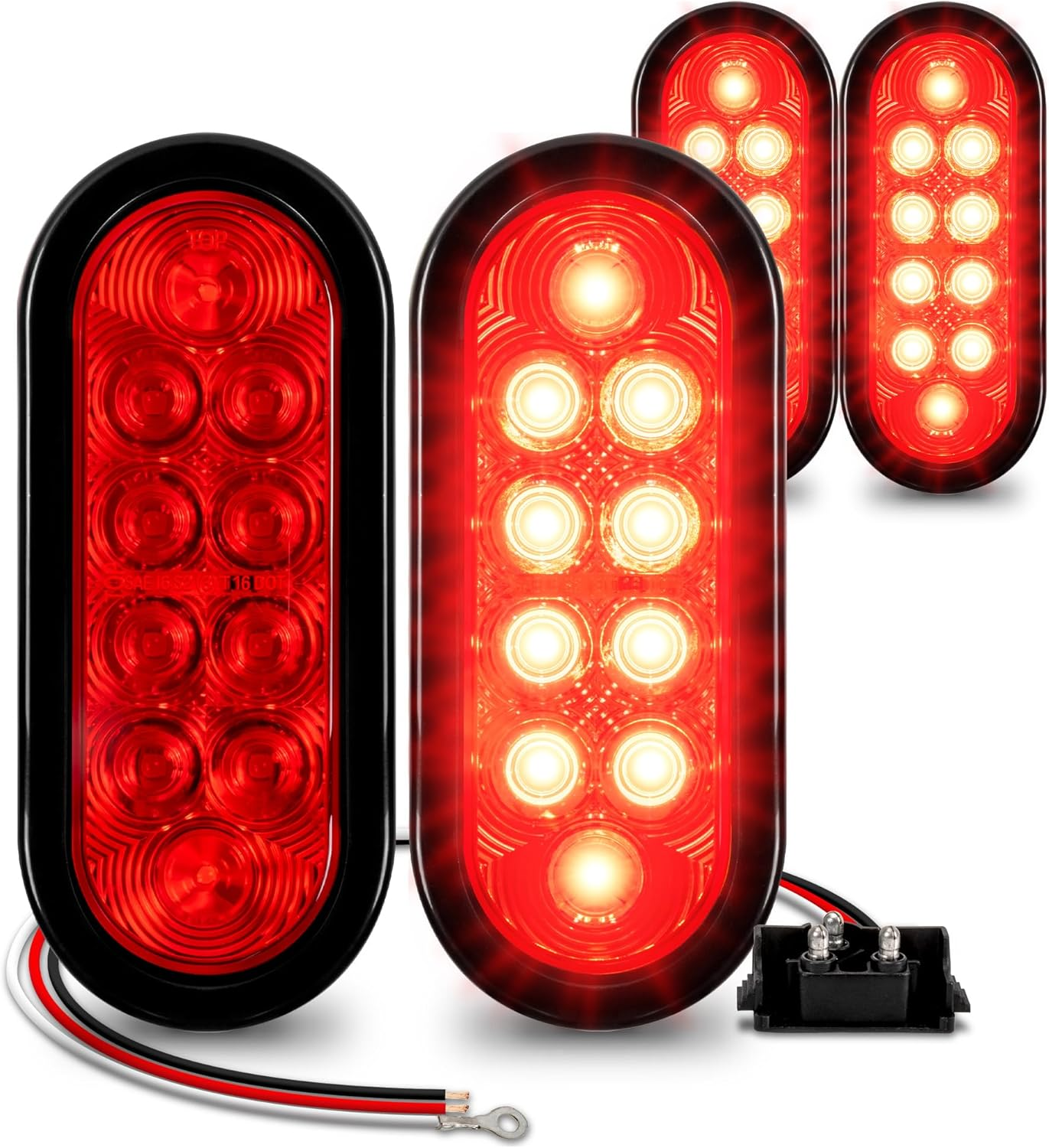TRUE MODS 2Pc 6 Inch Red Oval LED Trailer Tail Light Kit [Stop Turn Tail] [DOT FMVSS 108 SAE S2TSI6P2] [Grommet & 3 Prong Plug] [IP67 Waterproof] Boat RV Flatbed Truck Trailer Brake Lights