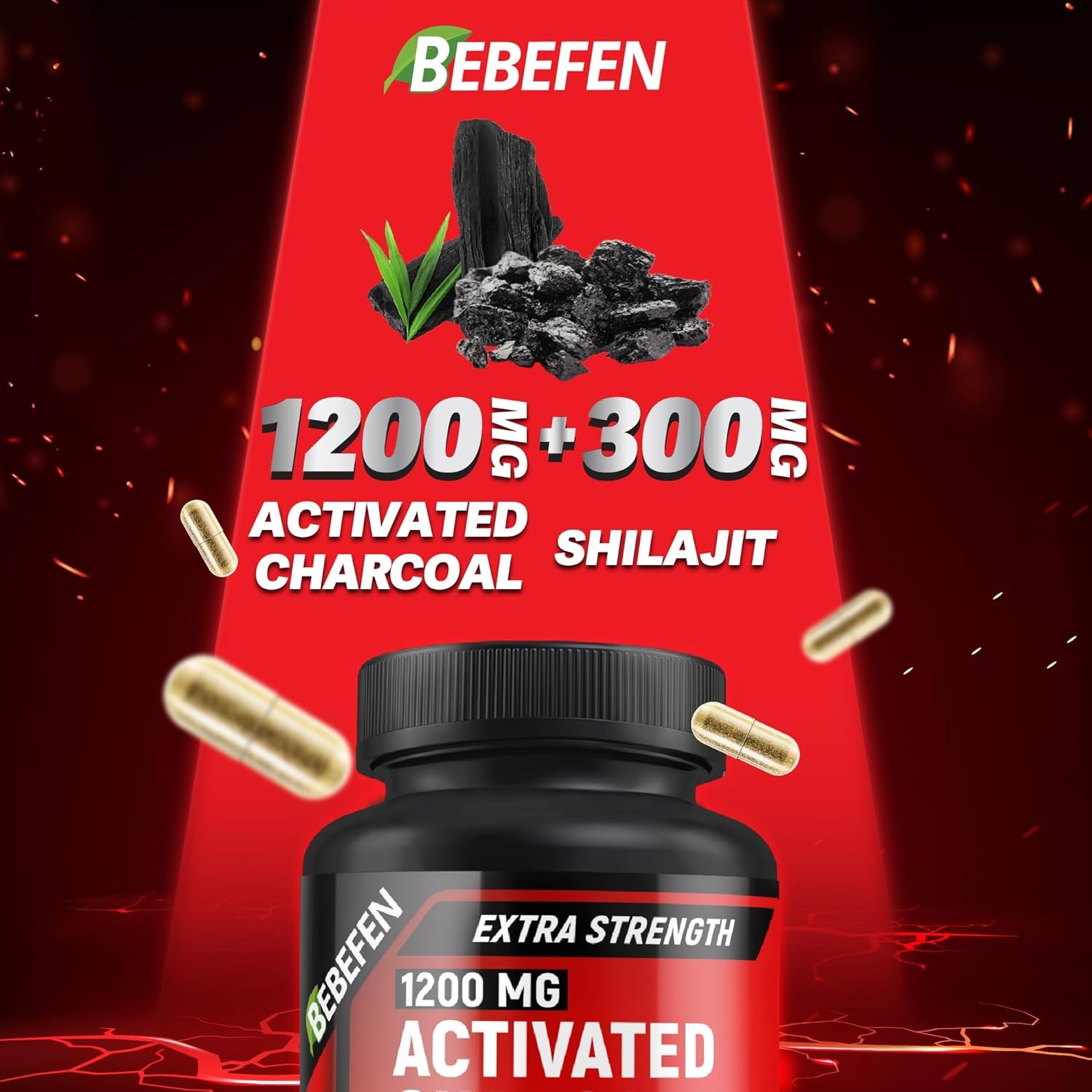 Activated Charcoal 1,200Mg per Serving by BEBEFEN | Enhanced with Shilajit 300Mg | Activated Charcoal Capsules | Derived from Coconut Shells | Non-Gmo | Gluten Free | 90 Count image number 2