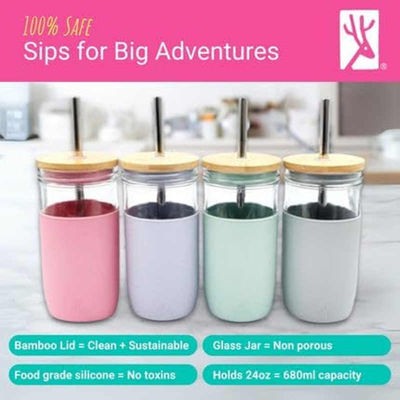 Elk and Friends 24Oz Glass Mason Jar &ndash; Pack of 4 | Bamboo Straw Lids + Stainless Steel Straws | Smoothie + Iced Coffee + Bubble Tea Cups | Glass Cups with Lids and Straws | Dishwasher Safe