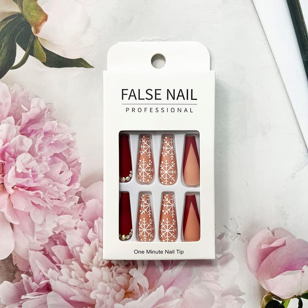 Snowflake Press on Nails Long Christmas Red Fake Nails Square Matte False Nails with Rhinestones for Christmas Nail Decorations Artificial Ballerina Press on Nails for Women Girls 24Pcs image number 5
