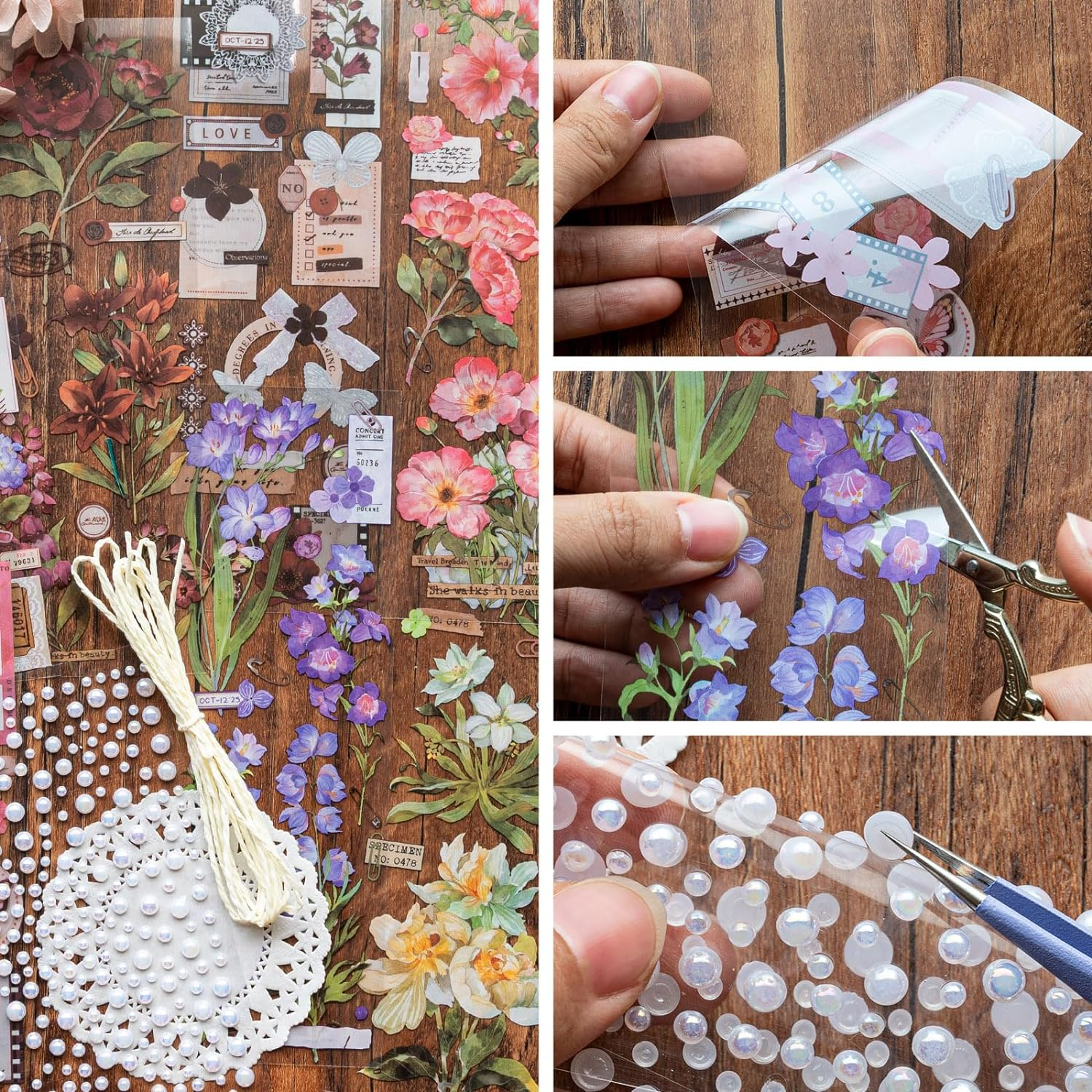 4 Packs Vintage Flower Sticker Scrapbook Sticker Decorative Floral Decal Planner Sticker for DIY Crafts Card Making Decoration Album Diary Calendar Schedule Journaling Kit (Letter) image number 1