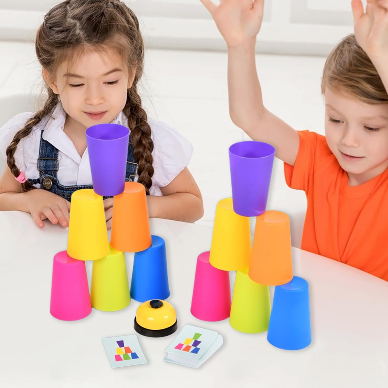 Stacking Cups Game with 50 Challenges Cards and Timer, 12 Plastic Cups, Quick Cups Games for Kids Classic Family Game, Speed Stacking Cups Idea for Boys and Girls image number 2