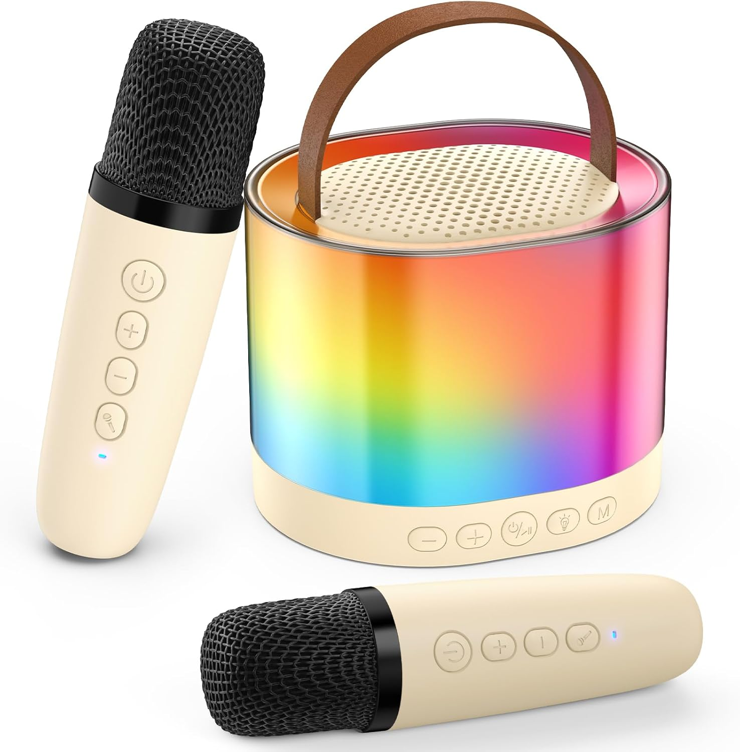 JYX Mini Karaoke Machine for Boys and Girls, Portable Bluetooth Speaker with 2 Microphones, Support TF/AUX Input/Funny Magic Voice, Gifts for Birthday Party (Beige-2Mic) image number 3