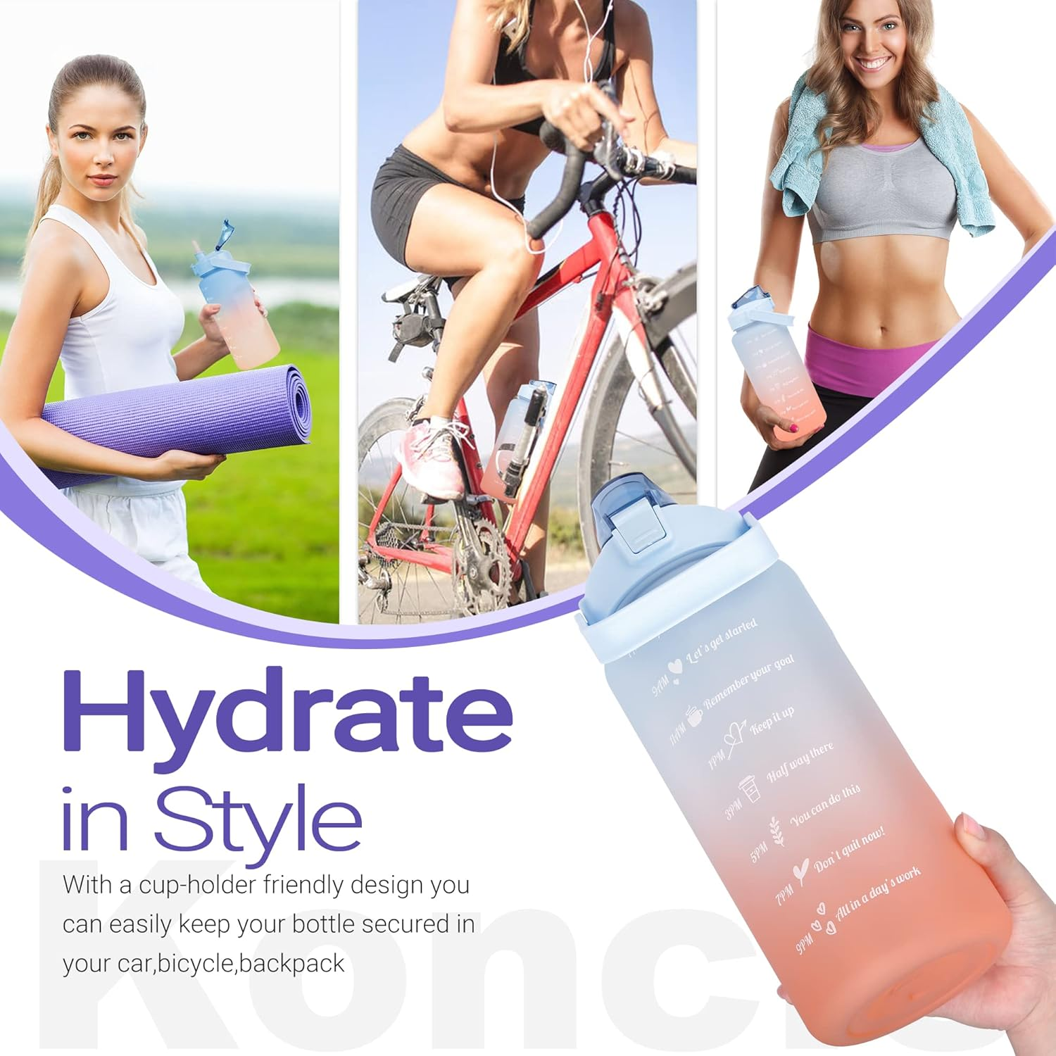 Water Bottle, Koncle Motivational Water Bottle, Large Capacity Drinking Bottle with Time Straw & Marker, Reusable Leakproof Water Jug,2L Blue and Orange image number 4