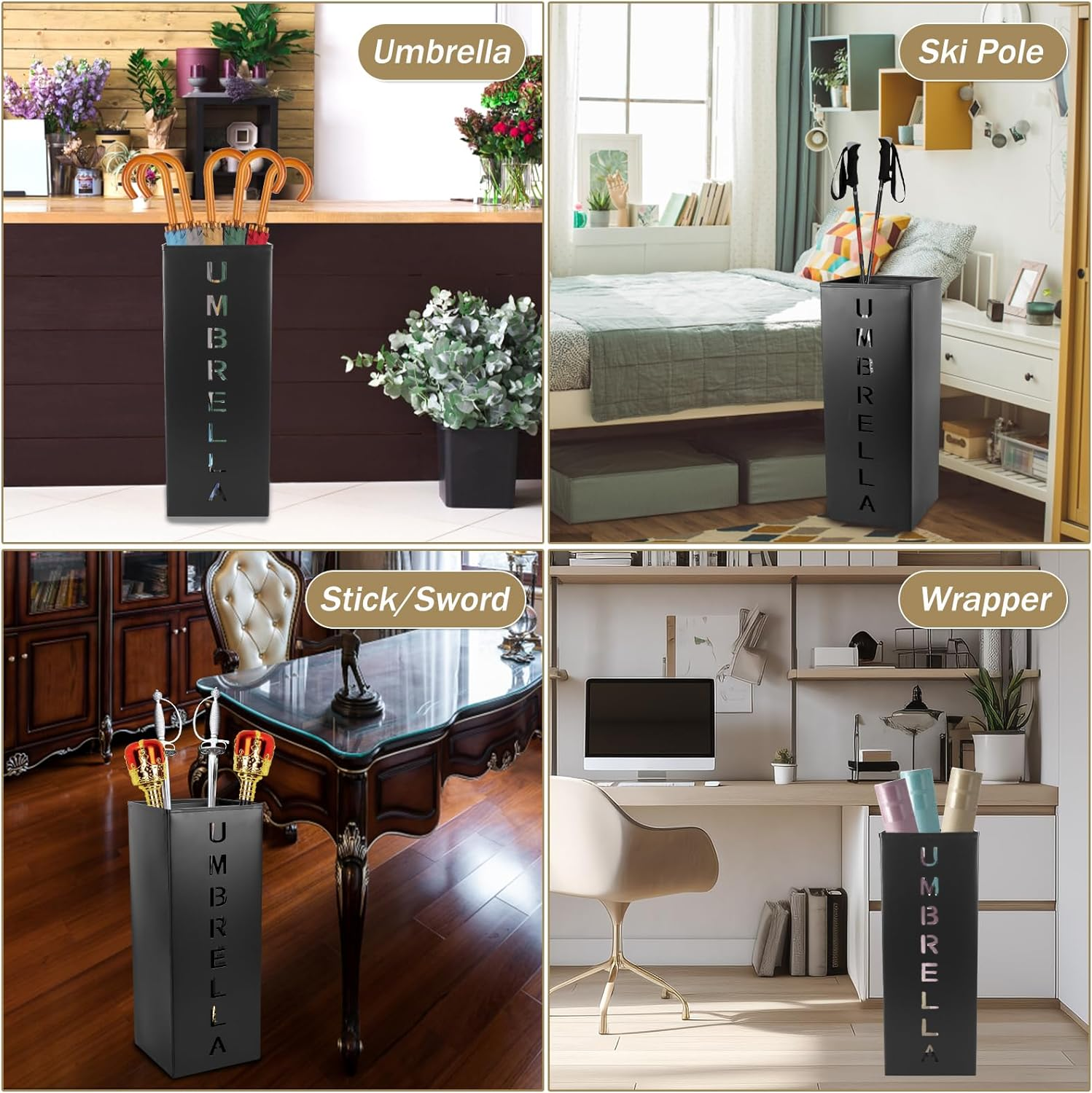 Metal Umbrella Stand, 16.5X6.3X6.3Inch Square Free Standing Umbrella Rack Decorative Umbrella Holder Bin Multipurpose Walking Sticks Holder for Umbrella Cane Entryway Home Office(Black) image number 5