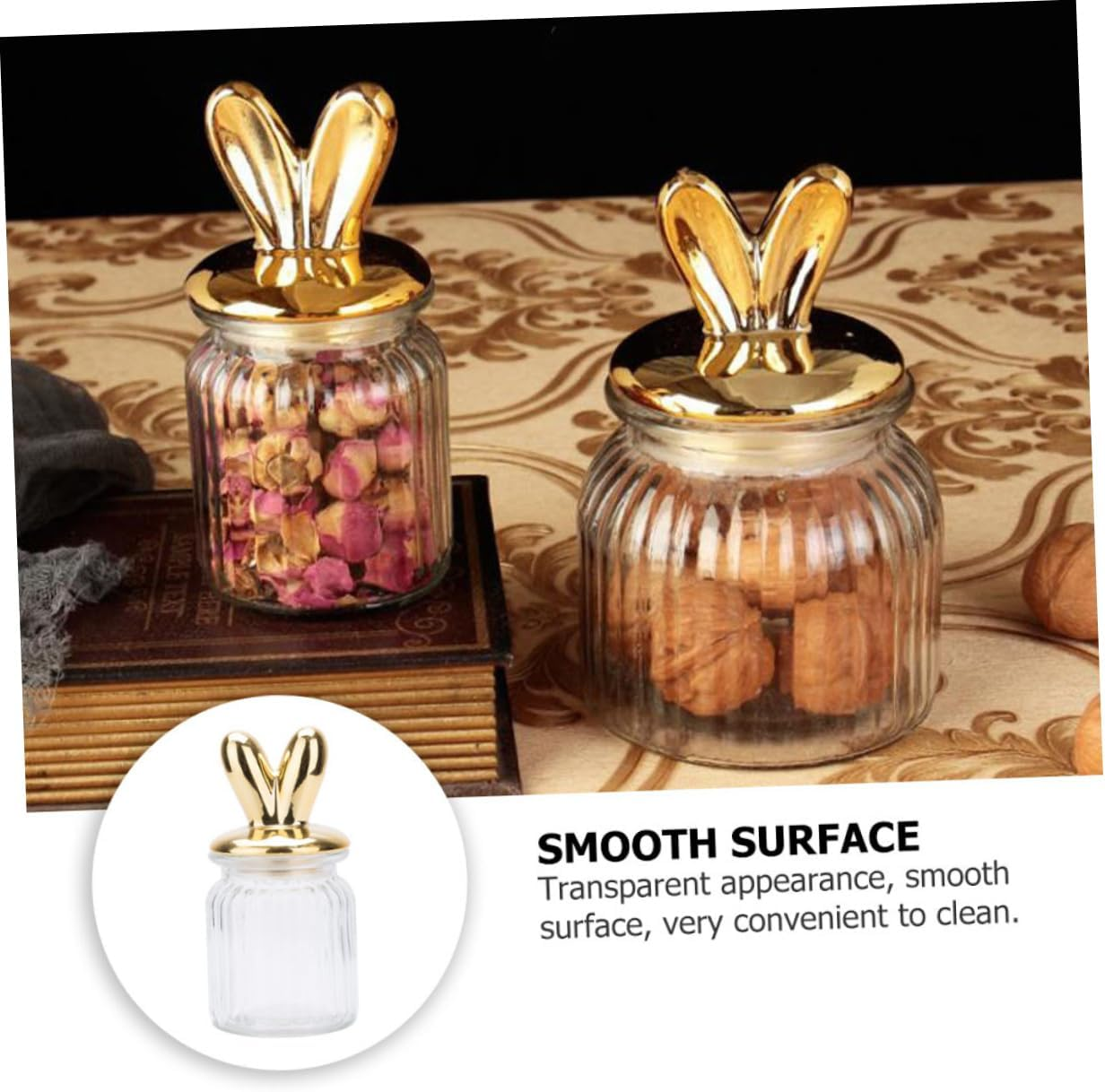MUCKLILY Bunny Ears Glass Storage Container Airtight Canister for Loose Tea Dry Fruits Snacks Decorative Kitchen Organizer Sealed Lid for Home image number 2