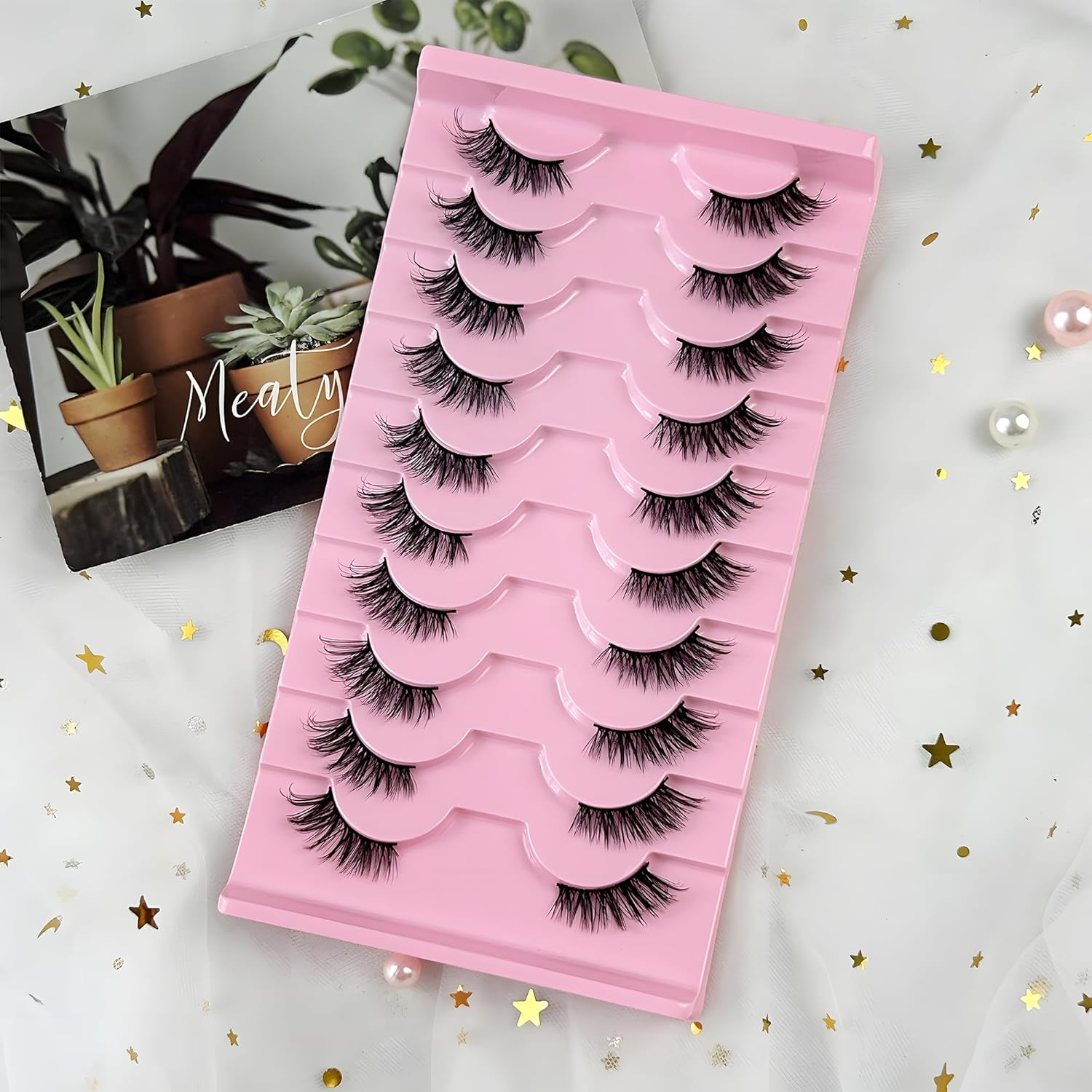 10 Pairs False Eyelashes with Tweezers - Half Lashes Natural Look, Reusable Cat Eye Lashes for Daily/Party/Diy Makeup, 10 Wear Styles, Clear Band & Wispy Demi Lashes (Beginners & Pros) image number 4