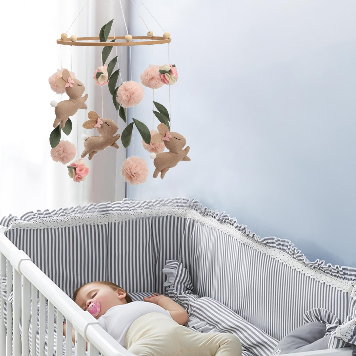 Baby Mobile for Crib Handmade Bunny Nursery Mobile Pink Flowers Crib Mobile for Girls image number 4