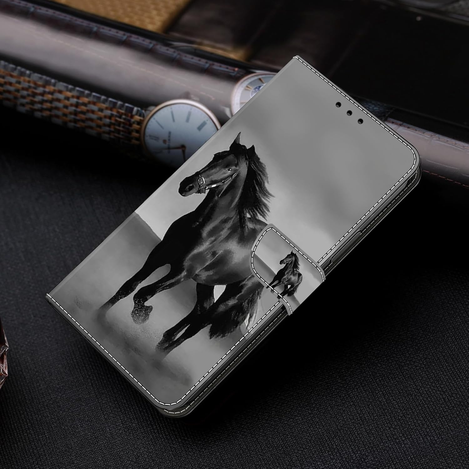 BOLELAW for Iphone 13/14 Mobile Phone Case PU Leather Flip Case Stand Wallet Protective Flip Case Cover with Card Slot, Stand Function, Magnetic Protective Case, Black Horse - Black Horse image number 3