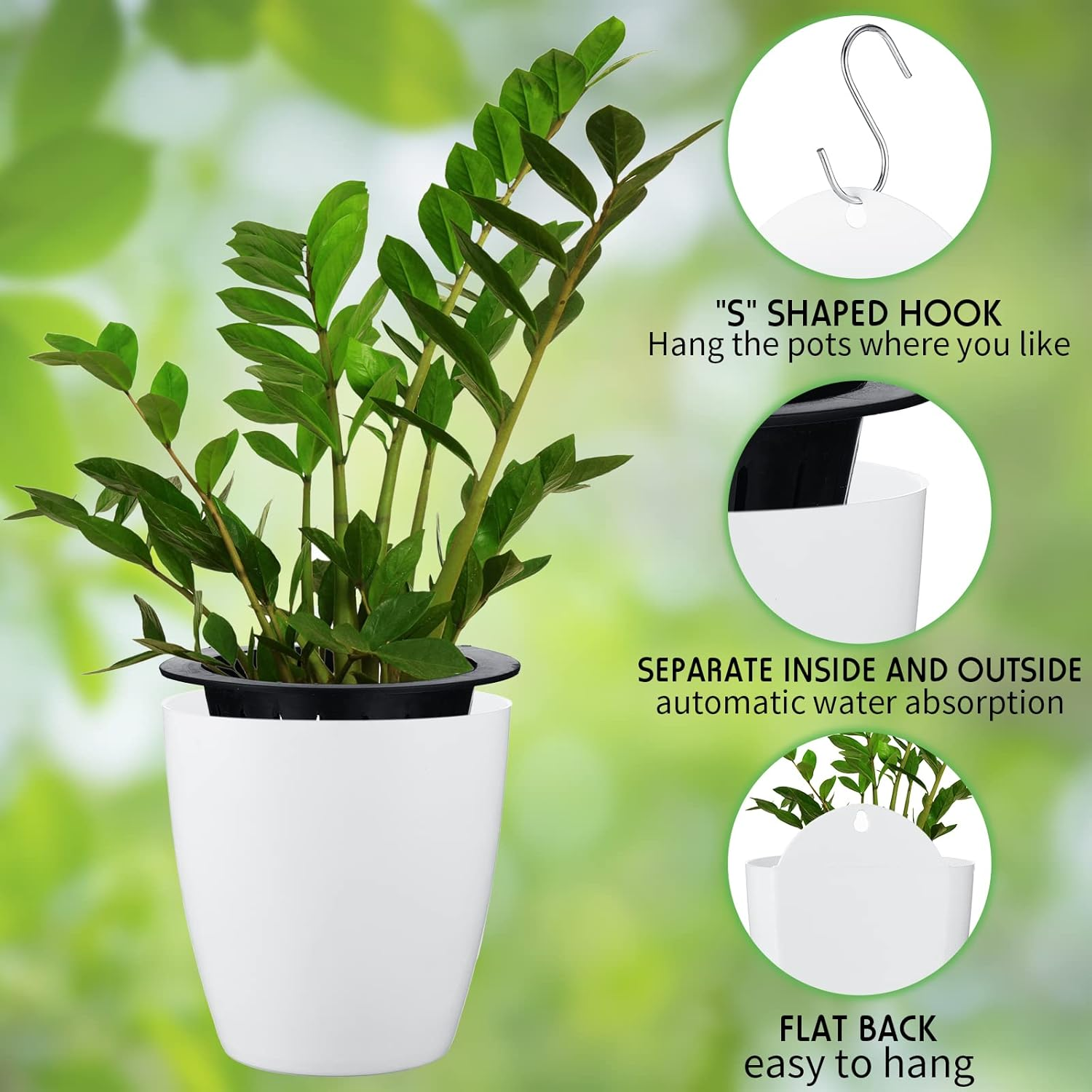 Yungyan 20 Sets 5" Self Watering Hanging Planter White Lazy Flower Pots Plastic Wall Planters Propagation Window Wall Mount Planter with Hooks and Absorbent Cotton Ropes for Indoor Succulent Plants image number 2