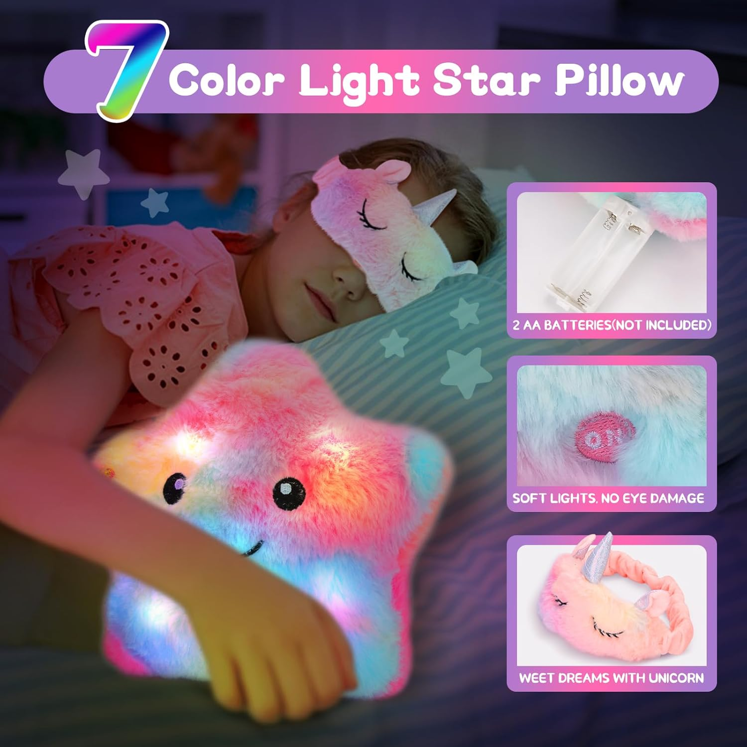 Unicorn Toys for Girls - Girls Toys 4 5 6 7 8-12 Years Old with Light up Stars Pillow/Purse/Diary with Lock/Adjustable Hat & Gem Stickers/Unicorn Gifts Birthday Christmas Easter image number 2