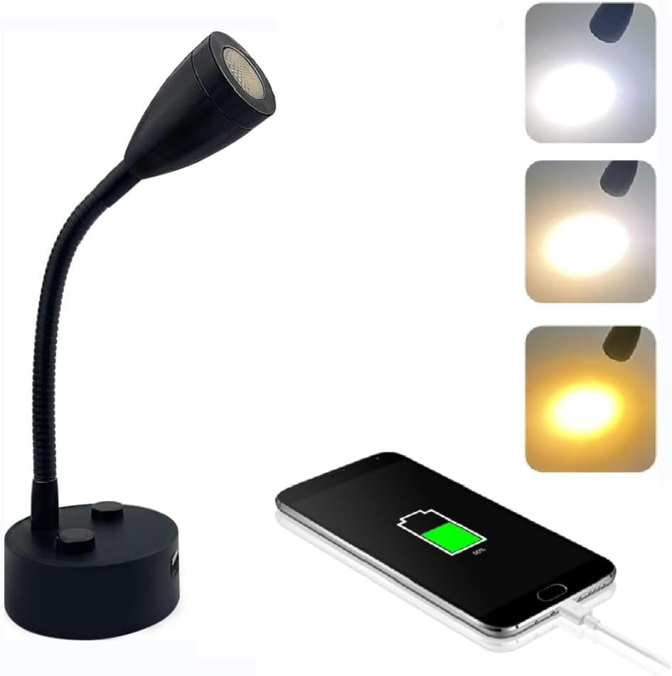 12V RV Reading Light LED Bedside Light Spotlight with 5V/2A USB Charging Port 3 CCT Touch Dimmable Flexible Gooseneck Wall Lamp for Boat, Motorhome, Camper Caravan Van Interior Lighting (White)