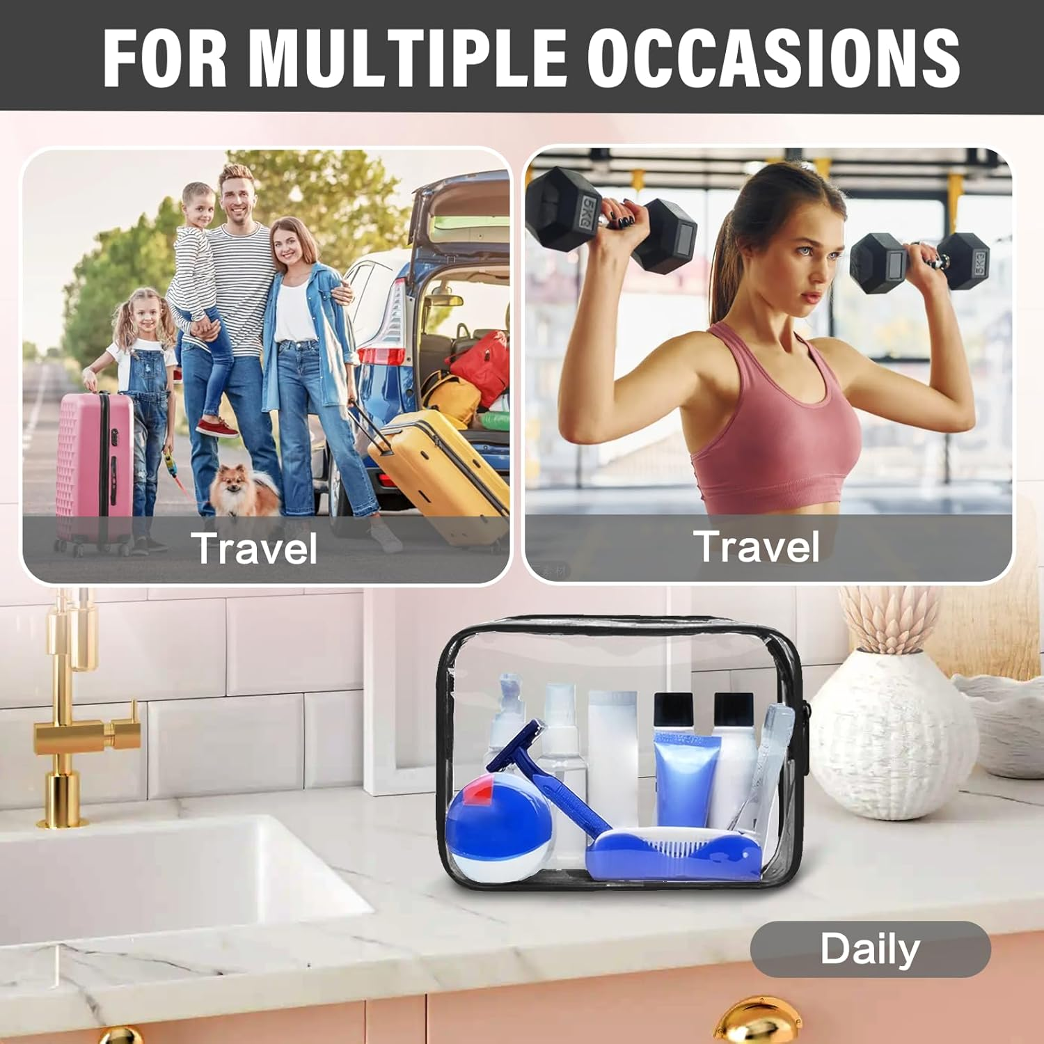 Viiotu 3 Pack Color Clear Toiletry Bag, Waterproof PVC Clear Makeup Bag, Portable Clear Travel Toiletry Bags for Traveling Men Women (3, Black) - Pink image number 4