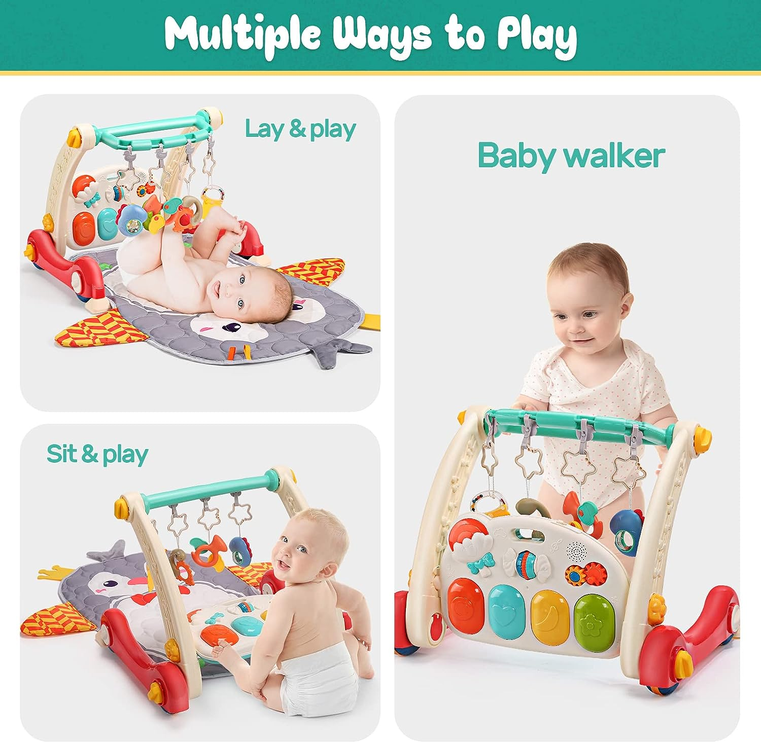 CUTE STONE Baby Gym Play Mat & Learning Walker, Baby Activity Mat with Play Piano, Musical Activity Center with Lights, Baby Push Walkers & Tummy Time Mat for Infant Newborn Toddlers image number 3