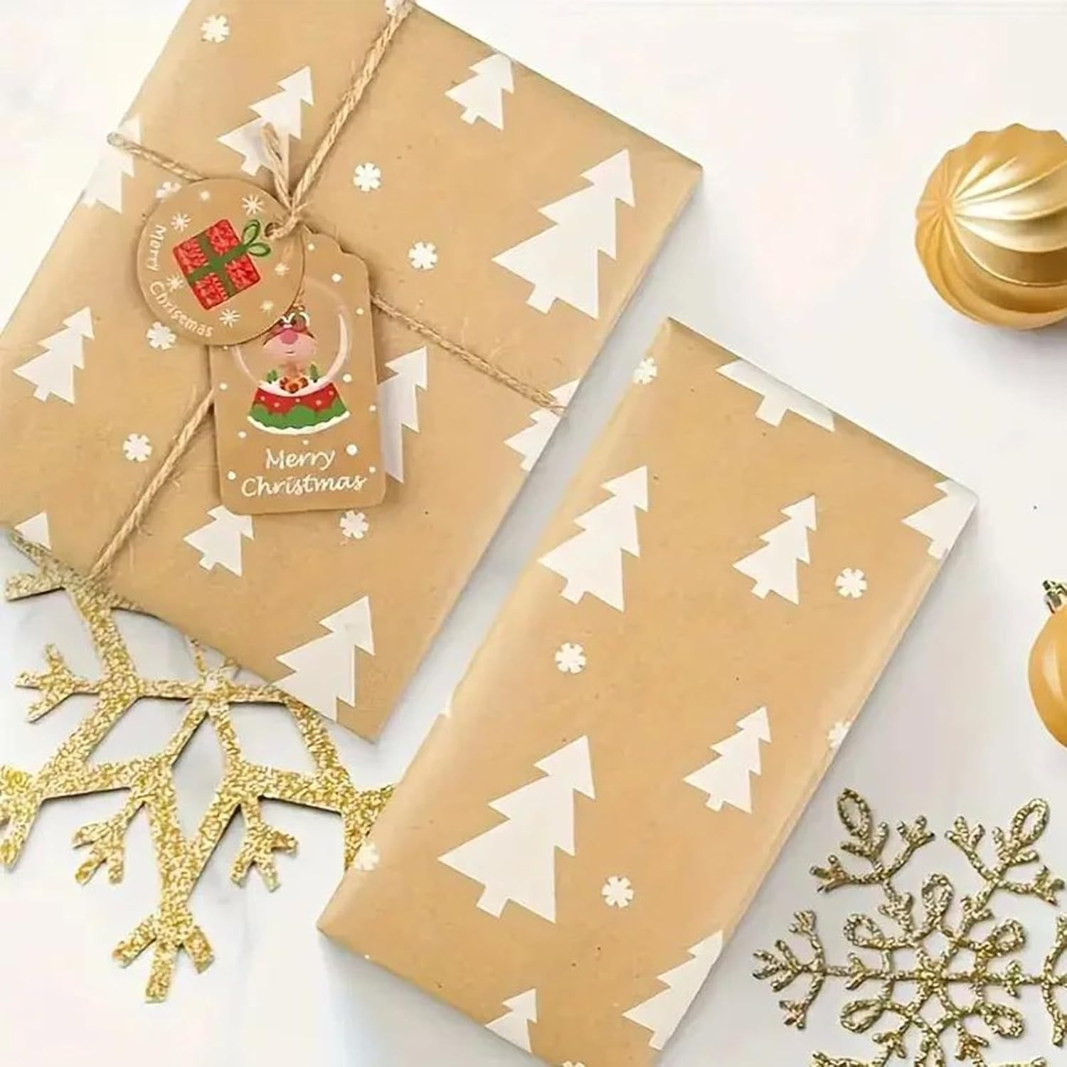 Christmas Wrapping Paper Rolls, 5 Rolls 44Cm X 300Cm, Brown Kraft Paper with Snowflake, Elk, and Xmas Tree Designs for Christmas, Party, and Festive Decorations image number 4