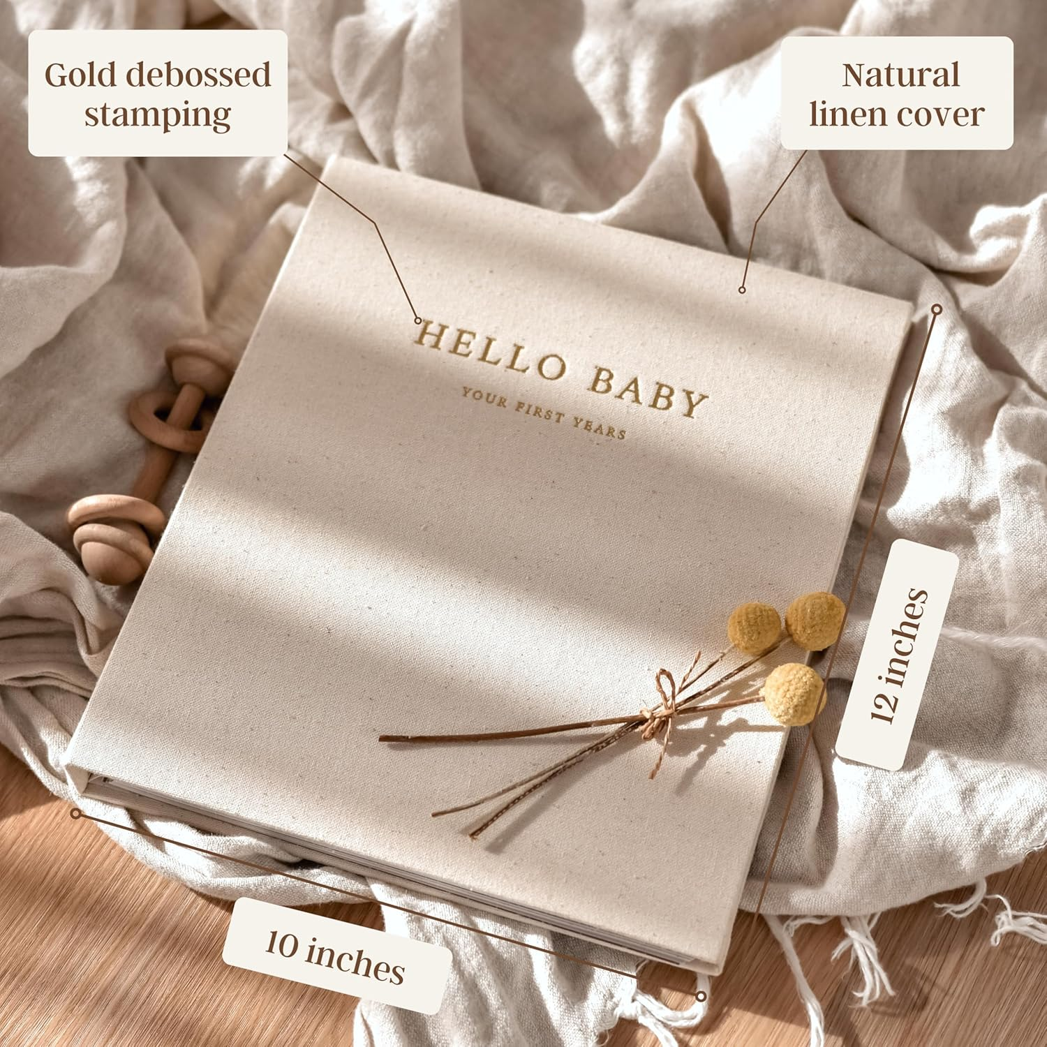 Peachly Unisex Baby Memory Book | Baby Book First Year Baby Book Keepsake for Milestones | Simple Cute Baby Scrapbook | Baby Books for Boy or Girl | Natural Linen - Clementine image number 4