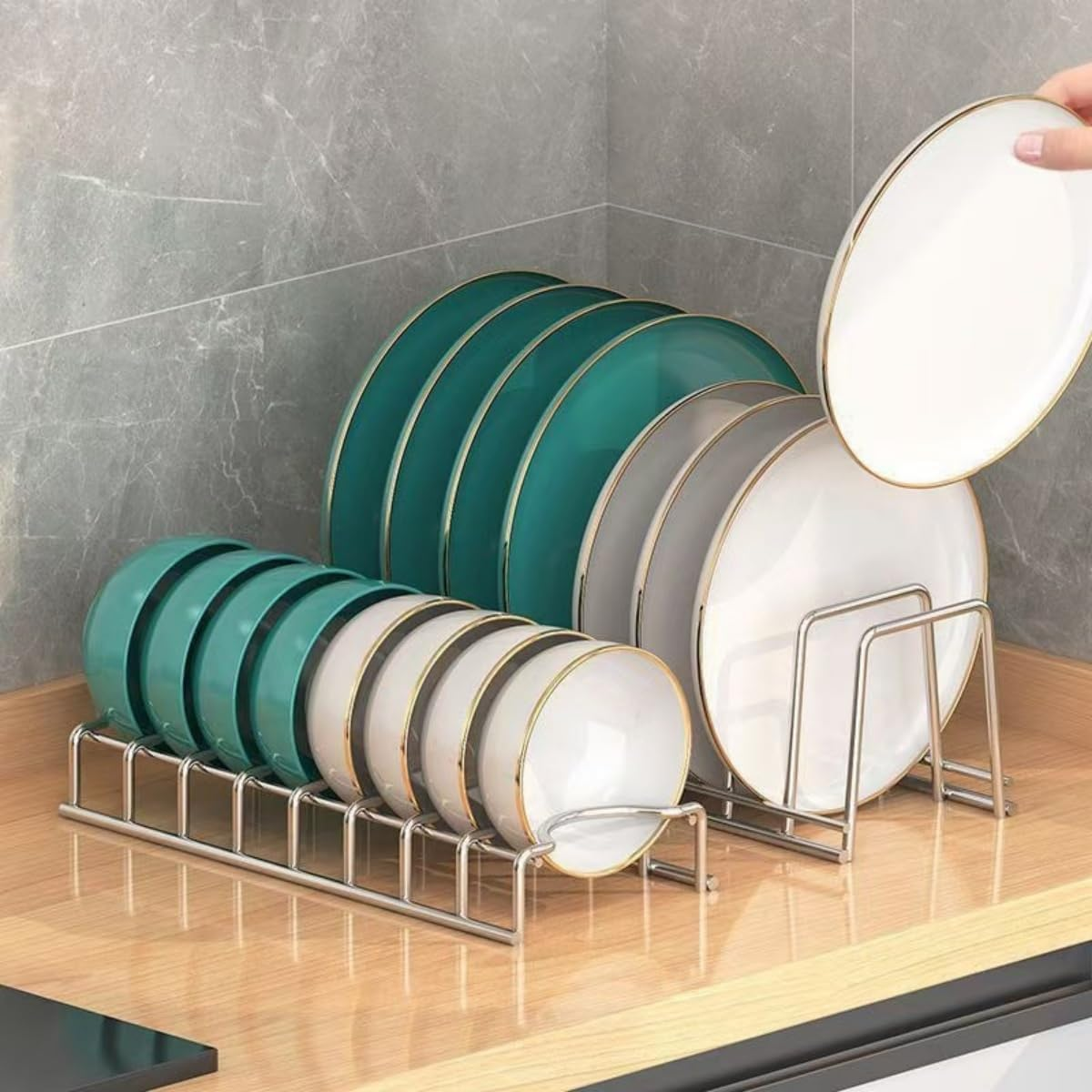 SHUTKMVCW Dish Rack Plates Holder 2 Pack Set, Plate Organizer for Cabinet Space Saver, Pan Lid Organizer, Kitchen Storage Cabinet Organizer for Plates/Bowls/Cups/Lids/Cutting Boards/Spatulas image number 1