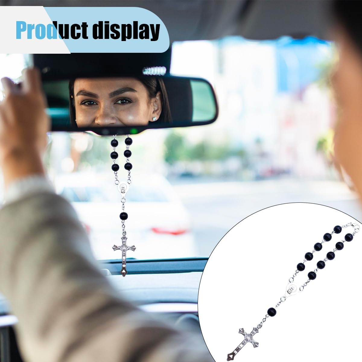 LAINLOY Car Rearview Mirror Decoration, Rosary Car Pendant, Cross Medal Hanging Ornament, Personalized Blessing Bead Decoration, Black image number 2