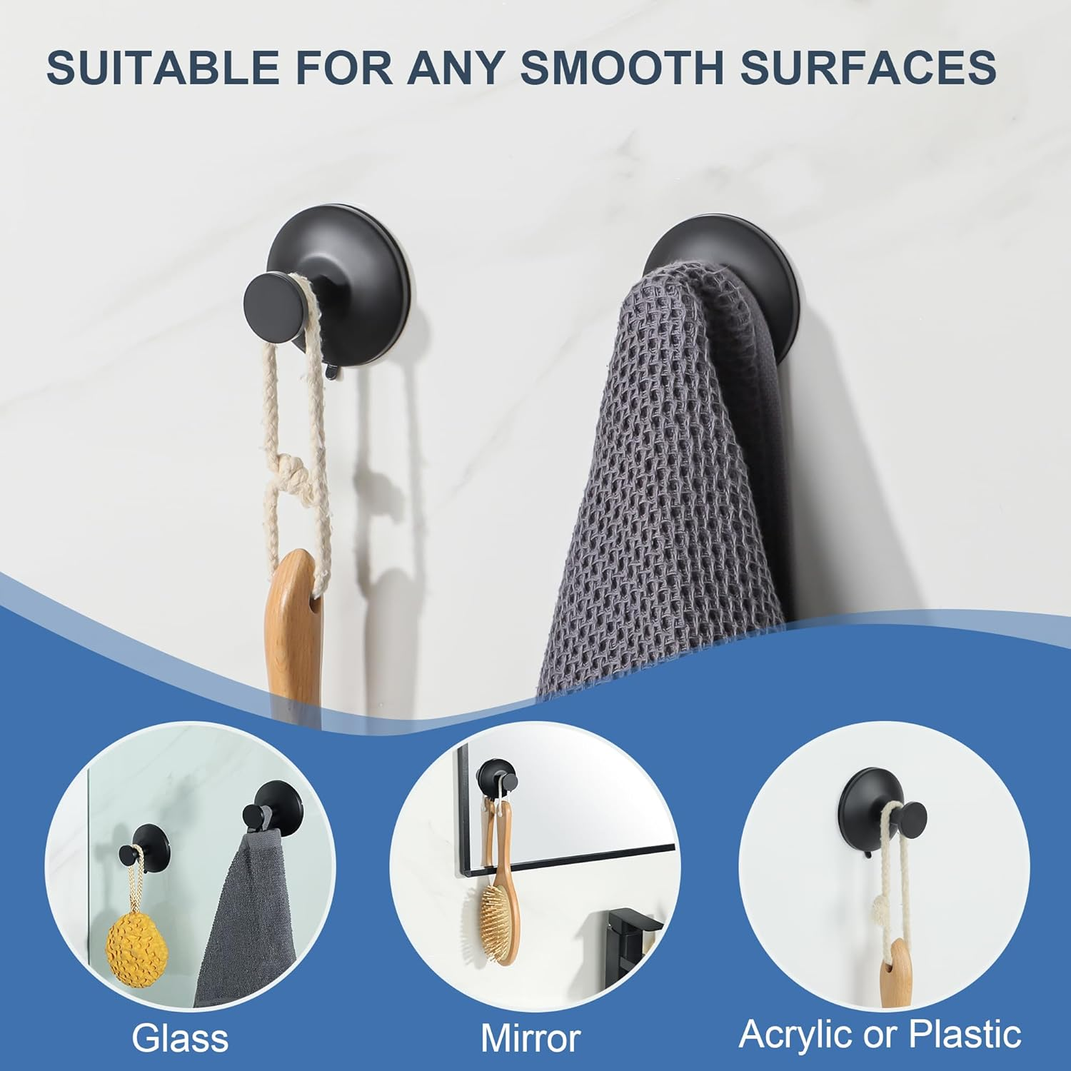 SAYAYO Suction Cup Hooks for Shower, 2Pcs Black Suction Towel Hook for Glass Window, SUS 304 Stainless Steel Bathroom Hooks for Glass Door, Mirror, Tile - Brushed image number 7
