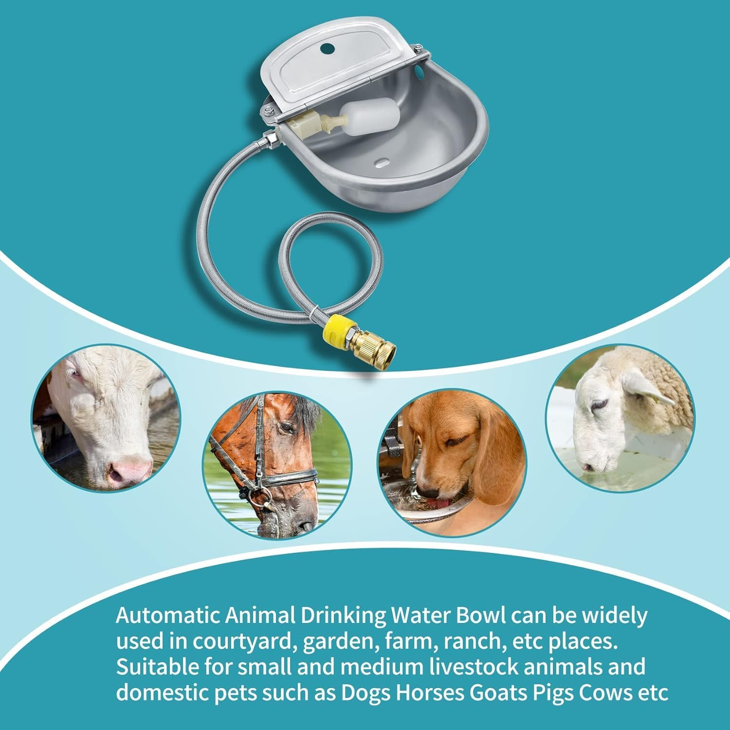 Automatic Animal Drinking Water Bowl, 304 Stainless Steel Waterer for Dog Horse Goat Pig Cow, Livestock Water Trough Dispenser with Pipe Hose, 2 Float Valves, Quick Connecter, Expansion Bolt image number 2