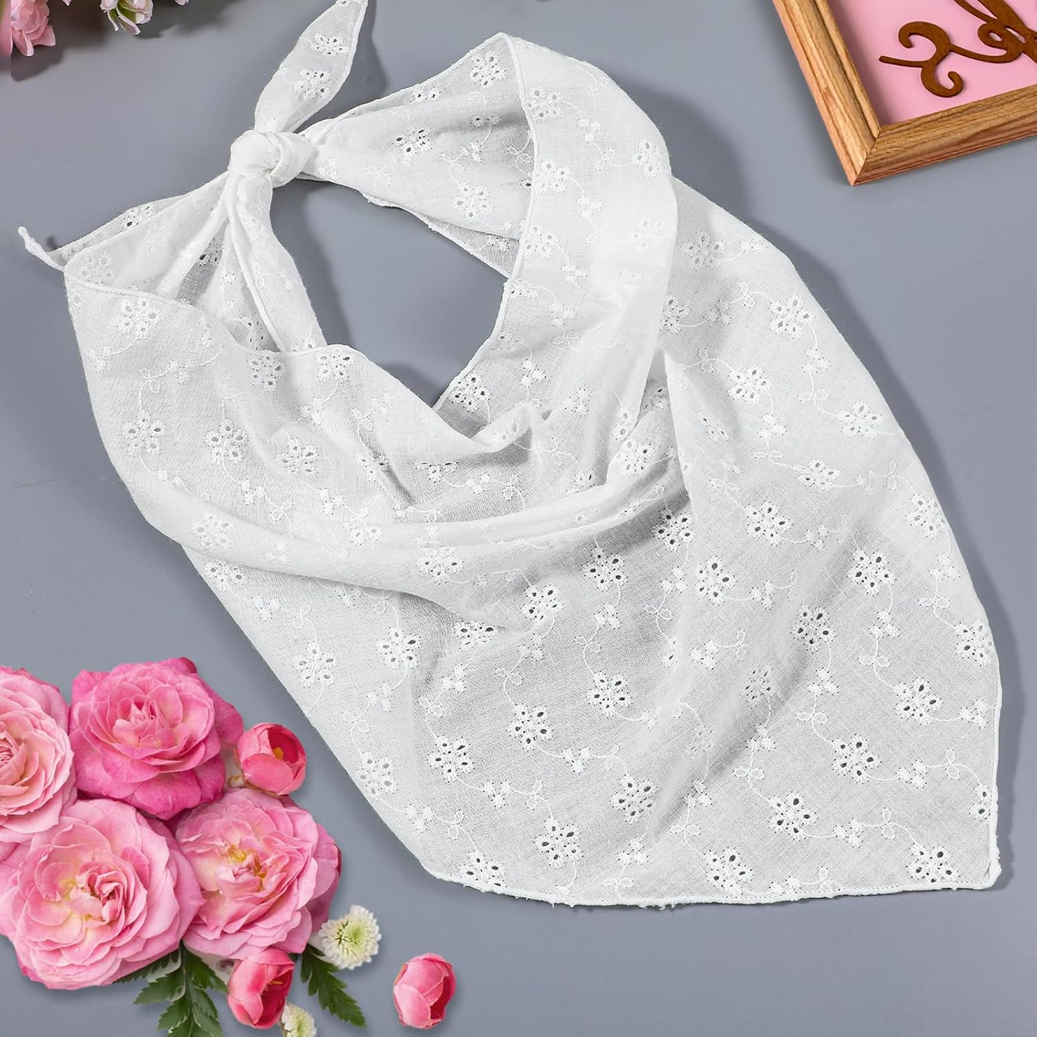 Bandana Headband - Lace Head Scarf, Head Scarf for Girls Cute Adjustable Bandanas, Boho Eyelet Crochet Bandana Headbands, Elegant White Heads Scarfs Hair Accessories for Women image number 4