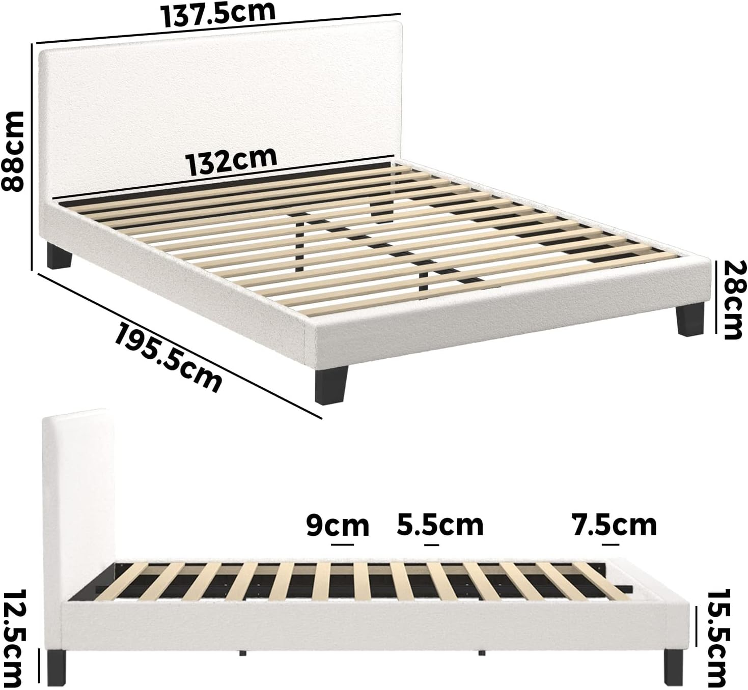Oikiture Double Bed Frame with Plywood Slats and Boucle Fabric Bed Base Mattress Platfrom White image number 1