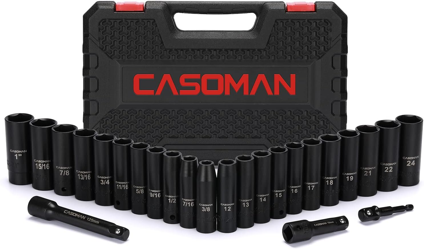 CASOMAN 25PCS 1/2" Drive Impact Socket Set, Deep, Cr-V Steel, 6 Point, Metric&Sae, 12Mm to 24Mm, 3/8 Inch to 1 Inch, Includes Extension Bars: 3-Inch, 5-Inch, 1/2-1/4 Adapter image number 6