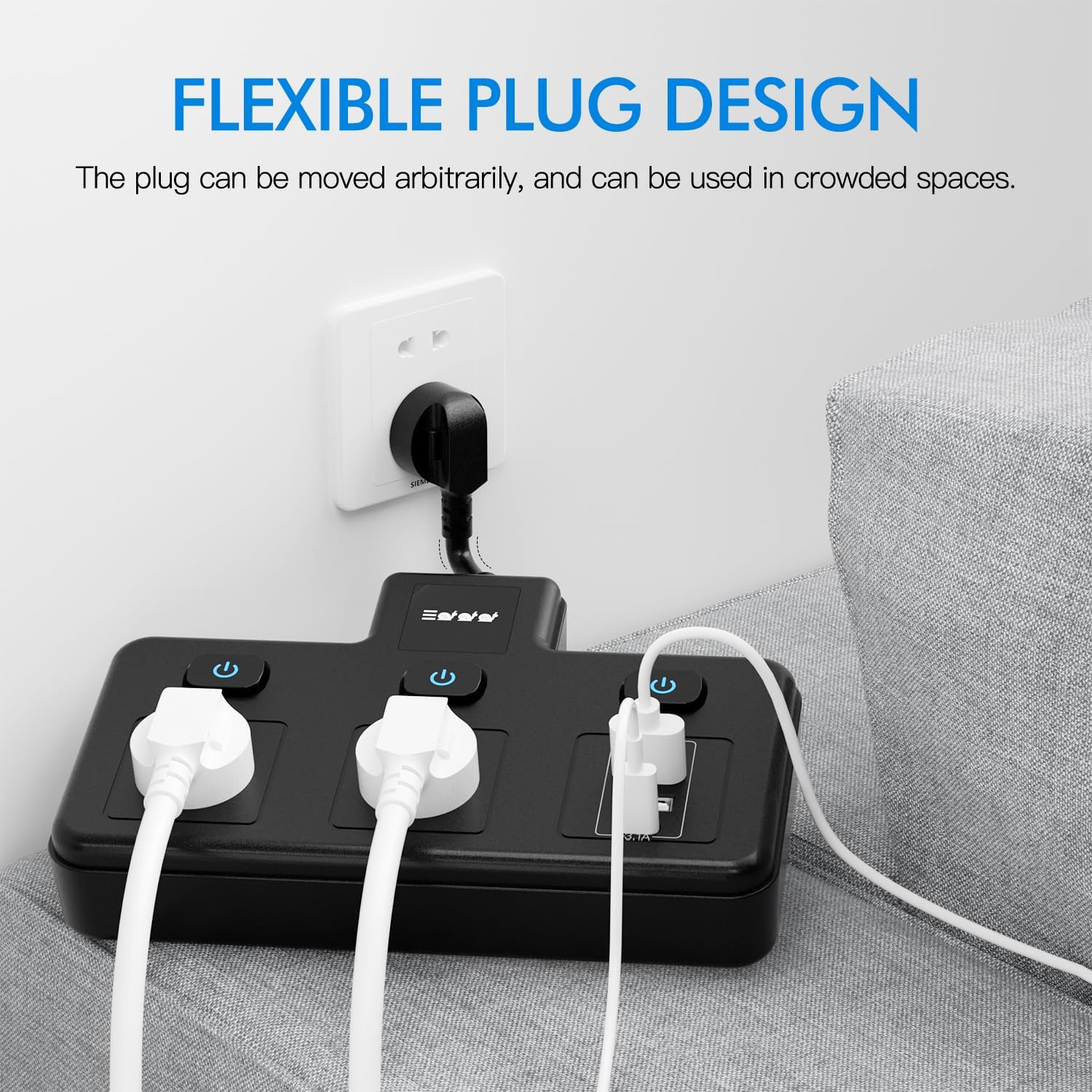 BOCHLION Power Strip with Independent Switches and Night Light Features Plug Extension Socket with 4 USB Ports (2 USB C and 2 USB A), Household Wall Socket Plug Extender, Travel. (Black)