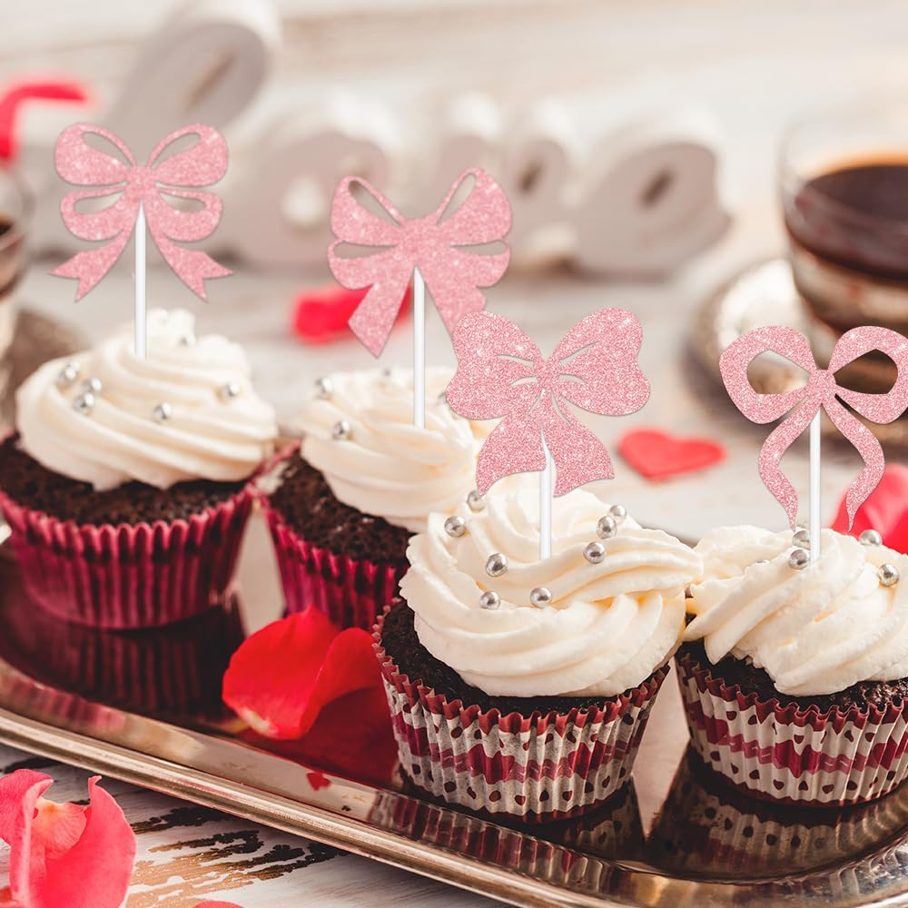 24Pcs Pink Bow Cupcake Toppers Bow Birthday Party Decorations Bowknot Cupcake Picks for Birthday Bridal Shower Wedding Themed Party Cake Decorations image number 3