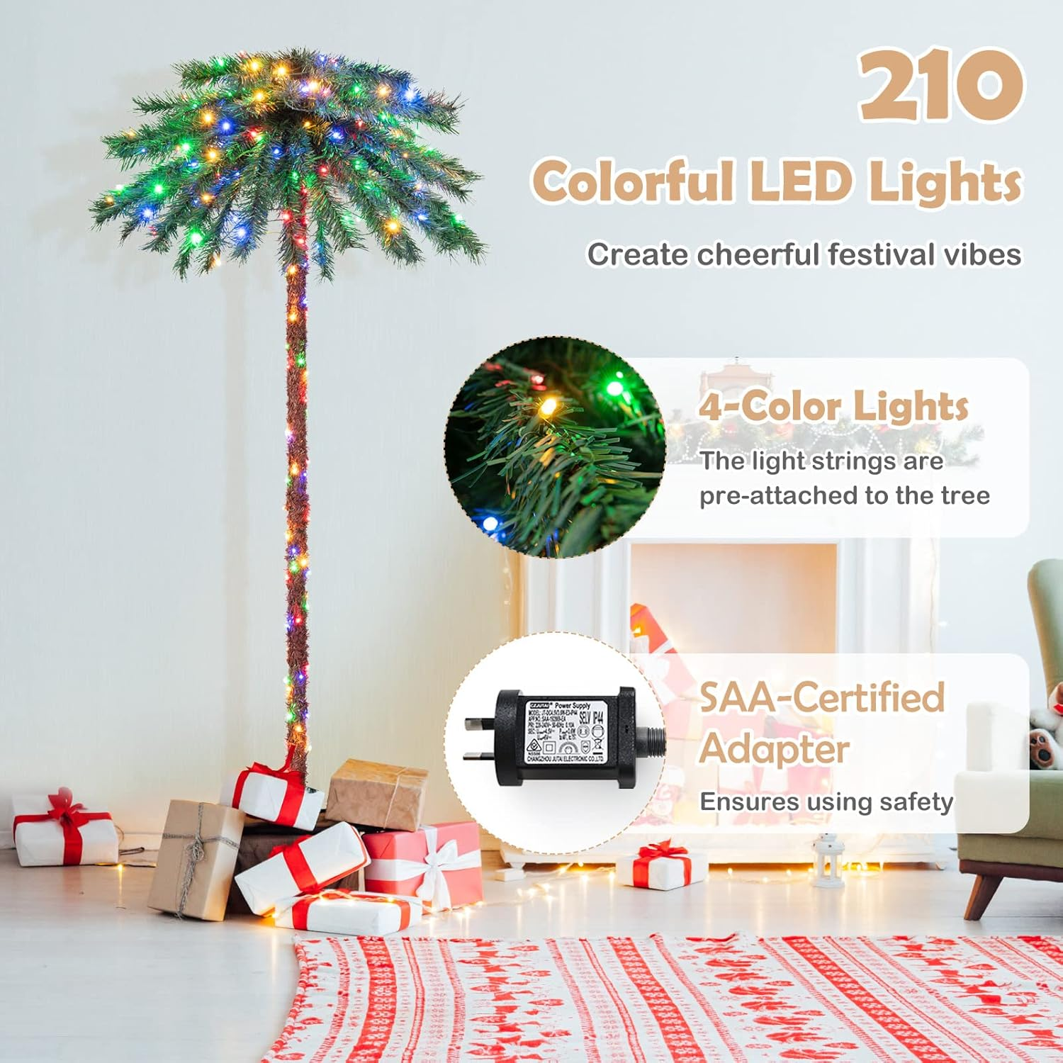 Costway 2 in 1 1.8M Artificial Palm Tree W/ 64 PVC Branch Tips & 210 Four-Color LED Lights, Pre-Lit Decoration Tree for Christmas, Xmas Celebration Tree for Home, Office & Carnival, 2 Pairs of Gloves image number 6