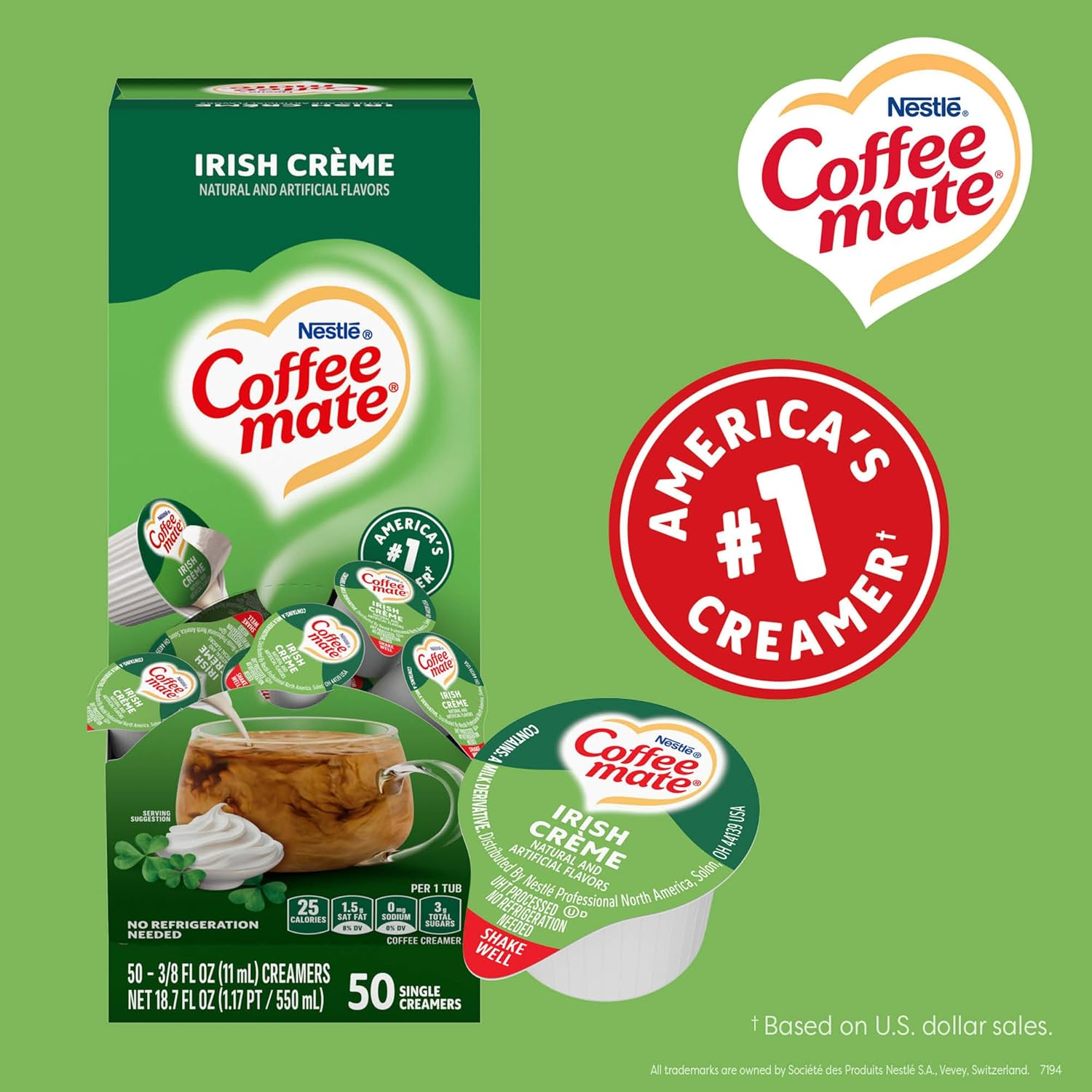 NESTLE COFFEE-MATE Coffee Creamer, Irish Creme, Liquid Creamer Singles, 50 Count (Pack of 4) image number 1