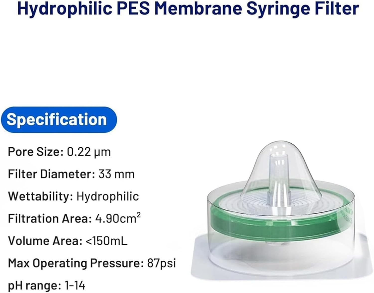 Sterile Syringe Filter PES (Polyethersulfone), Hydrophilic Filtration, 33Mm Membrane Diameter, 0.22&Mu;m Pore Size 10Pcs image number 2