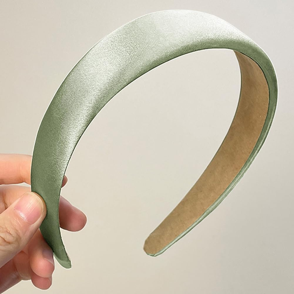 1.2 Inch Wide Solid Colors Padded Headband with No Teeth Hair Bands Non Slip Fashion DIY Satin Sponge Head Band for Women and Girls(Green) - Black Thick B image number 5