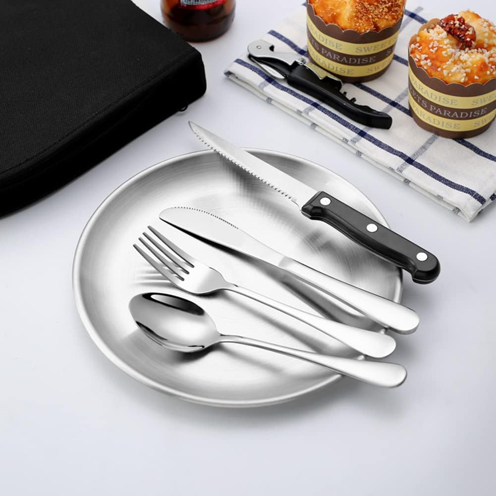 Issdem Metal Camping Utensil Set, Camping Silverware Set for 2, Reusable Travel Cutlery with Case Include Knife Fork Spoon Dish and Beer Cap Opener image number 6