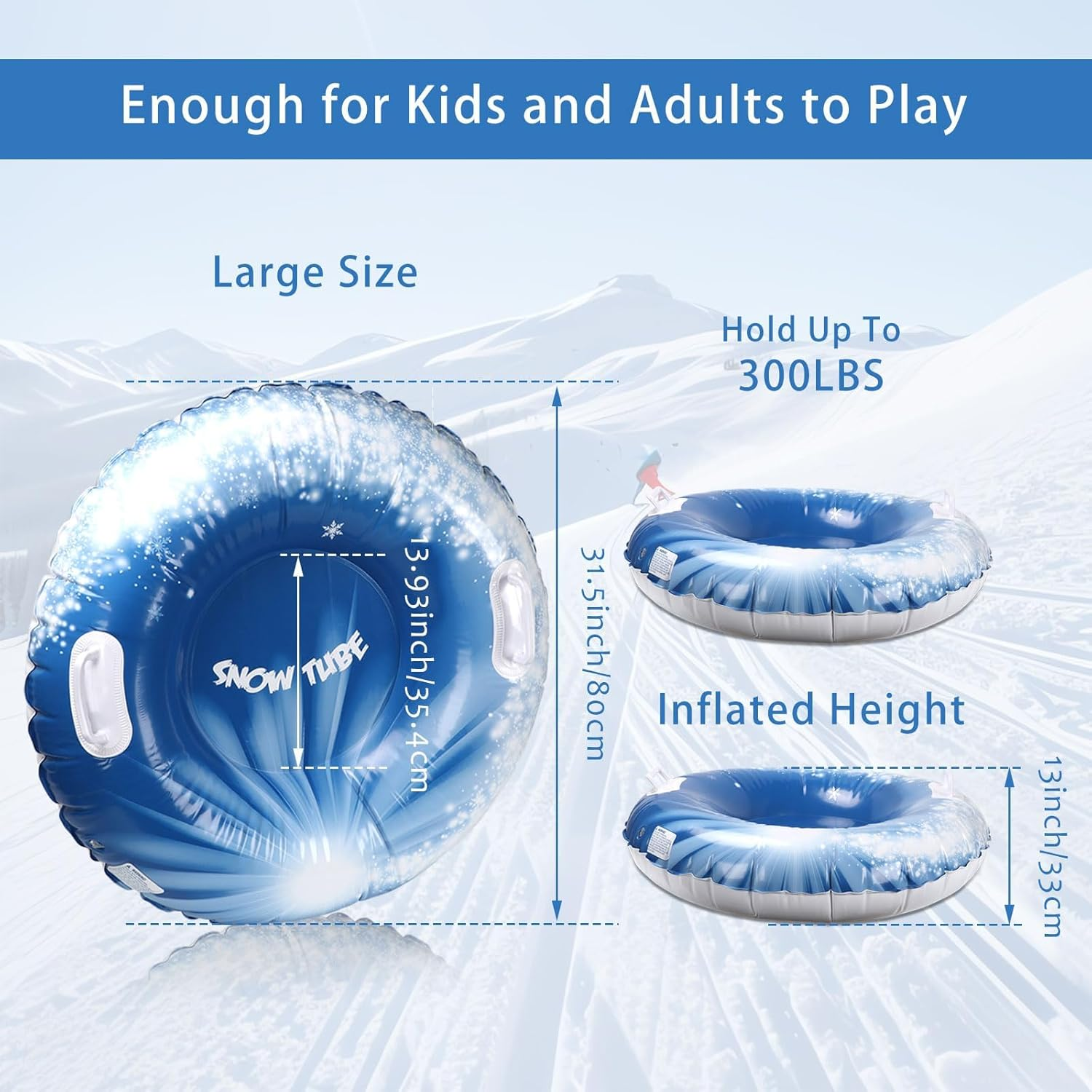 Snow Tubes, 37.4" 1Pack Inflatable PVC Snow Sled, Thickened Heavy Duty Hard Bottom Snow Sleds with Handles, Fun Winter Outdoor Sports Toys for Family Activities image number 2