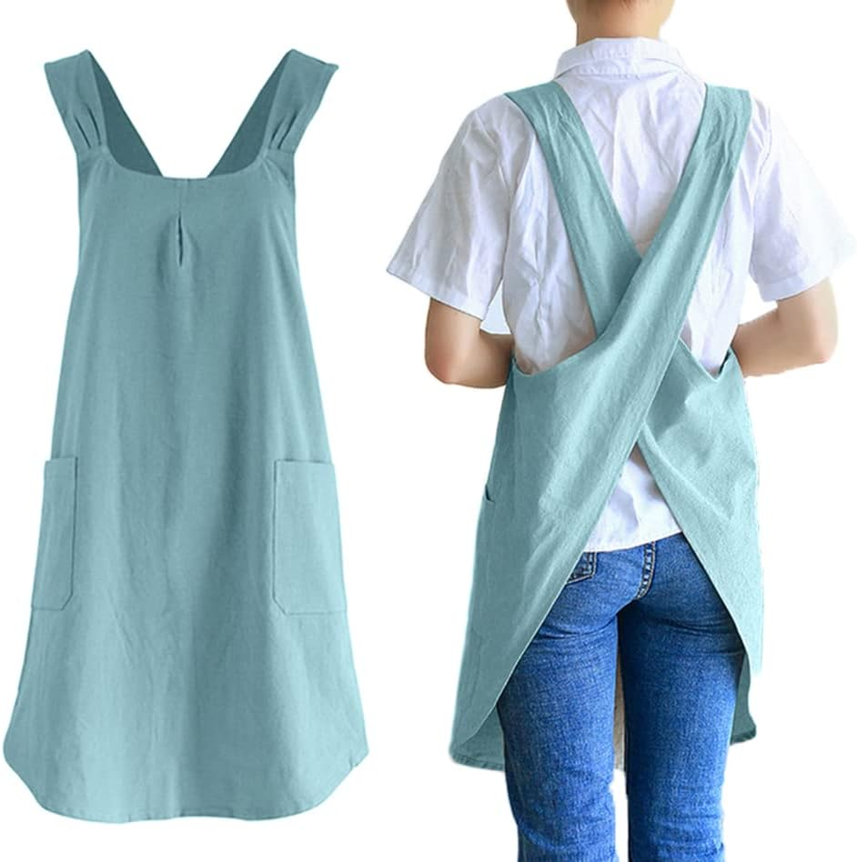 Soft Cotton Linen Apron Cross Back X-Shaped Japanese Style Pinafore Dress for Cooking, Housewarming, Daily Chores - Khaki image number 5