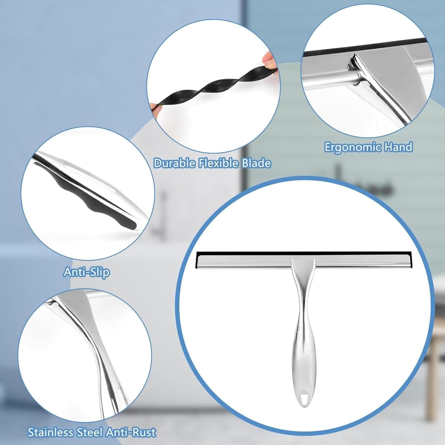 Stainless Steel Shower Squeegee - Streak-Free Glass Wiper for Bathroom Shower Doors, Windows & Mirrors | Durable Cleaner with Hook for Aussie Homes(25Cm Wide) image number 5