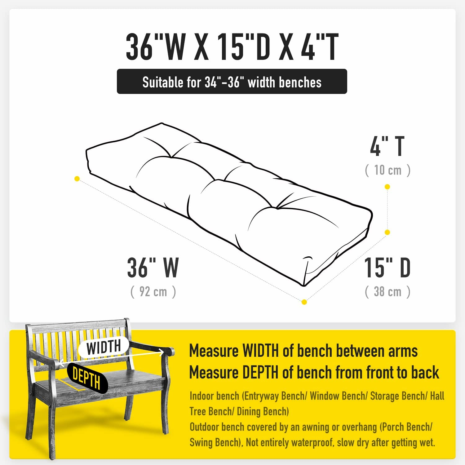 SUNROX Lokgrip Non Slip Tufted Memory Foam Bench Cushion, Fadeshield Water Resistant Durable Thicken Outdoor/Indoor Bench Seat Pads 36X14X4 Inch, Cream